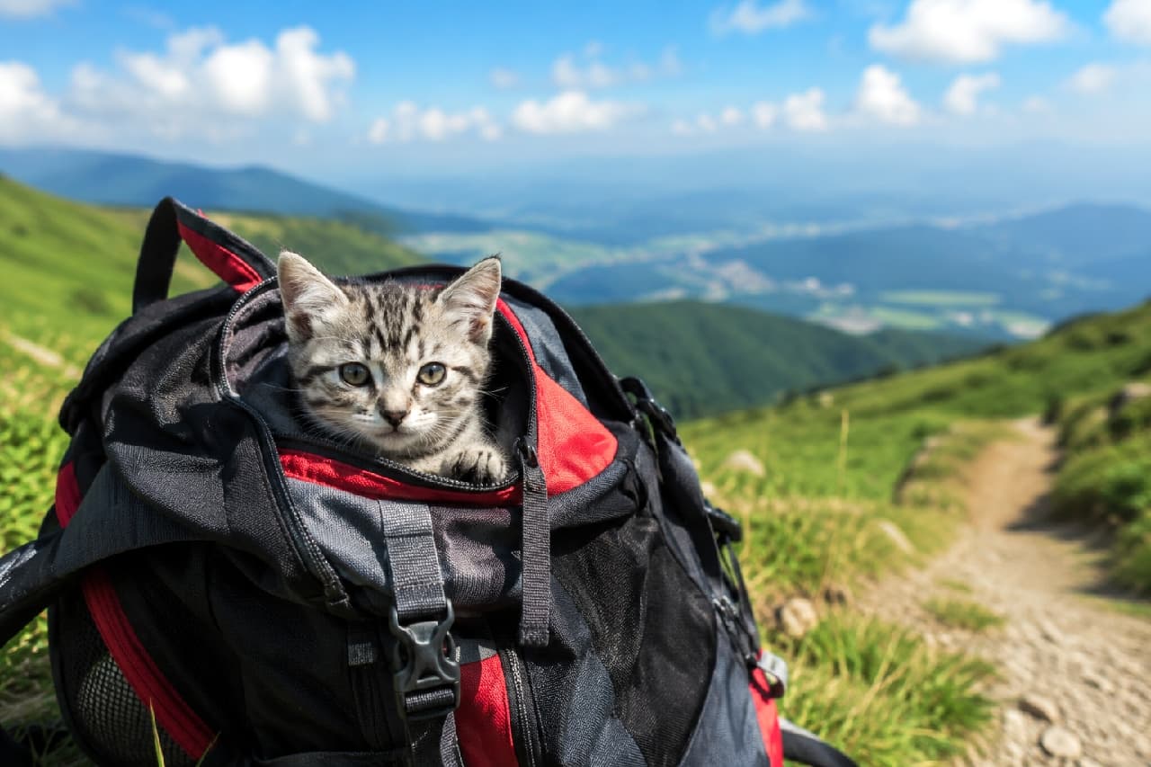 「荷物に紛れ込んでついてきちゃった！？🎒🐾 こんなに可愛い密航者なら、大自然の旅も何倍も楽しくなりますね🥰」Ultra-realistic high-quality photograph of an adorable American Shorthair kitten peeking its head and tiny paws out of a black and red outdoor backpack left on a mountain trail, set against a stunning backdrop of green mountains and a bright blue sky. 晴れ渡る青空と緑豊かな山々が広がる登山道の途中で、置かれた黒と赤のアウトドア用リュックサックの口からちょこんと顔を出す可愛いアメリカンショートヘアの子猫。くりくりの大きな瞳と小さな前足、まだ柔らかい被毛の質感が愛らしい超高画質な写真