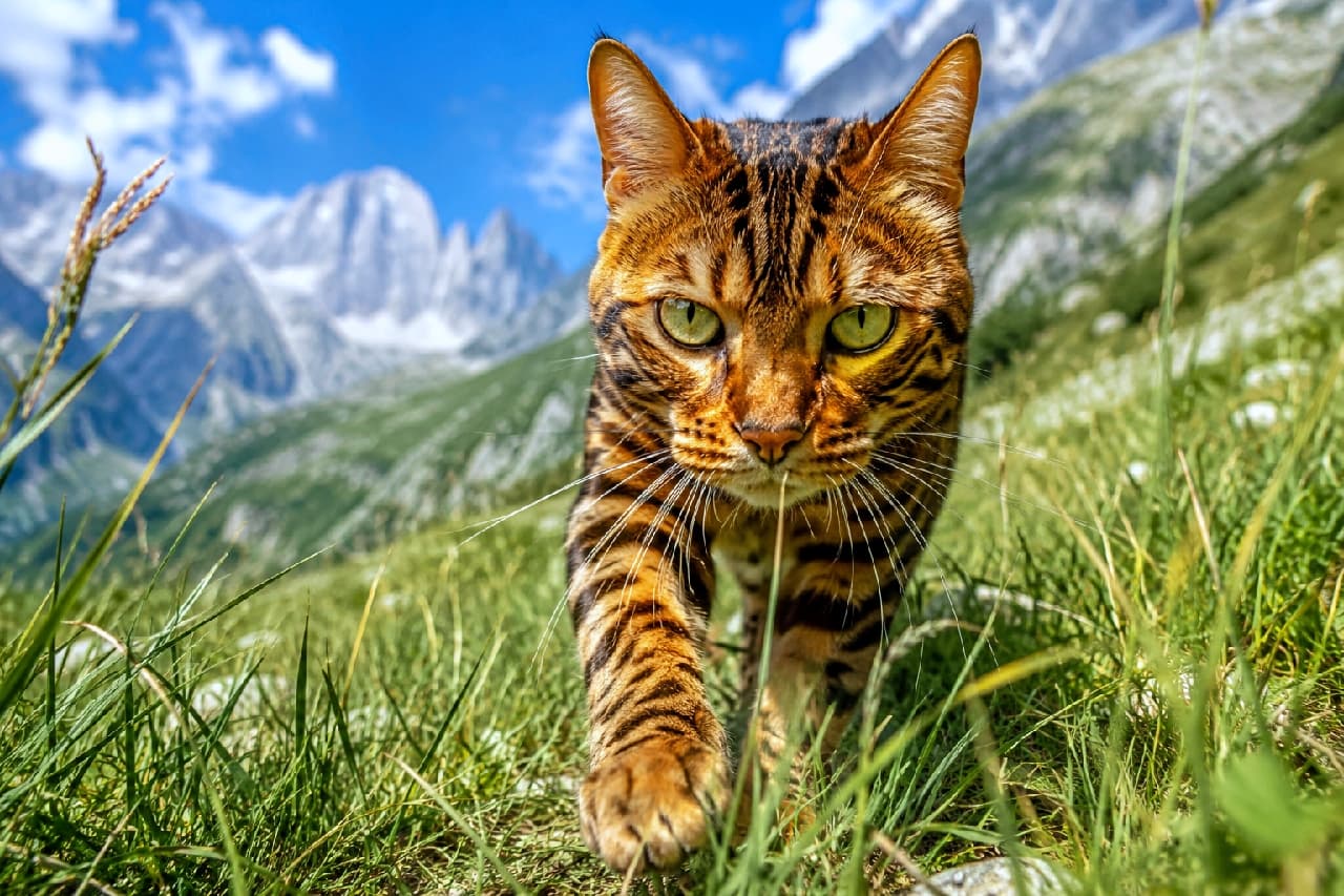 「大自然の中を探検中ニャ🐆🌿 野生の本能が目覚めるこの瞬間！みんなどこまで一緒についてこれるかな？🐾✨」Ultra-realistic high-quality photograph of a stunning Toyger cat with clear green eyes and vibrant rosette patterns, walking purposefully through a lush alpine meadow. Shot from a dynamic low angle, the cat exudes wild energy. The background reveals towering snow-capped mountains and a bright blue sky, creating a scene full of vitality. 鮮やかな緑の山岳草原を、カメラに向かって力強く歩いてくるロゼット模様の美しいトイガー。透明感のあるグリーンアイでまっすぐ前を見据え、野性的な魅力に溢れています。超ローアングルで捉えることで猫の躍動感を強調し、背景にはそびえ立つ雪山と夏の青空が広がる、生命力に満ちた一枚