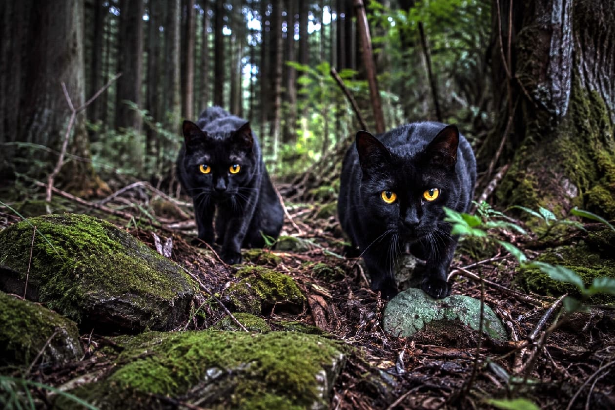 「森の奥で出会ったのは、黄金の瞳を持つふたりの守り神…？🦉🌲 ミステリアスな雰囲気にドキドキしちゃう🖤」Ultra-realistic high-quality photograph of two sleek adult Bombay cats stalking through a dark, dense forest with moss-covered rocks and tall cedar trees. Their glossy black fur blends into the shadows, making their piercing orange-yellow eyes stand out in a deeply mysterious atmosphere. 光の届かない薄暗く深い杉並木の森で、苔むした岩の間からこちらをじっと見つめながら身を潜めて歩く2匹の滑らかな大人のボンベイ猫。闇に溶け込むような黒い被毛の中、鋭く光るオレンジイエローの瞳がミステリアスな雰囲気を放つ超高画質な写真