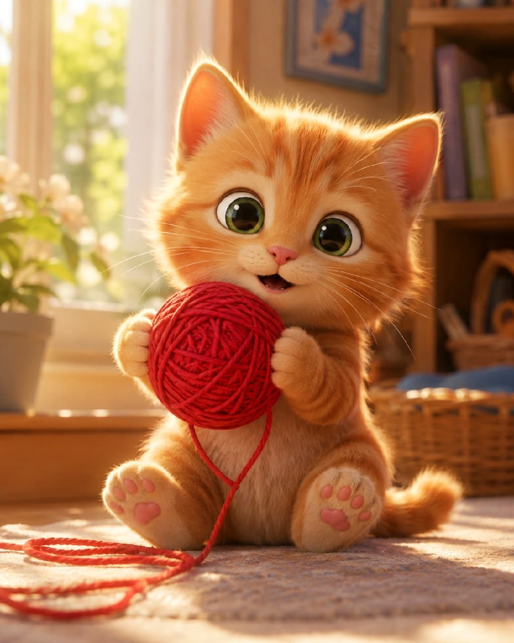 「映画の主人公!大きな瞳で、毛糸玉をぎゅっ🎬✨ 3Dアニメな茶トラちゃん🐈💕 #猫 #子猫 #3Dアニメ #映画 #アートのある暮らし #猫好きさんと繋がりたい #猫のいる暮らし #茶トラ」Ultra-realistic high-quality photograph of 3D animated movie art featuring a 2-month-old orange tabby kitten. The kitten, with large eyes, an exaggerated expression, and perfect fur rendered in Pixar style, holds a red ball of yarn and looks at the camera as if alive. Warm sunlight streams from a window, and the background with a bookshelf, potted plants, and woven basket is rendered in detail like a movie set, with soft light convey a cozy room atmosphere. 3Dアニメ映画(Pixarレンダリング)スタイルで描かれた、生後2ヶ月の茶トラ(オレンジタビー)の子猫。大きな目、誇張された表情、そして完璧な毛並みの3Dモデル。子猫は鮮やかなオレンジの被毛と大きな緑色の瞳を持ち、赤い毛糸玉を抱えて、まるで生きているかのようにカメラを見つめている。窓からは温かい太陽の光が差し込み、背景の本棚、観葉植物、編み物カゴは映画のセットのように詳細にレンダリングされ、木漏れ日が居心地の良い部屋の雰囲気を伝えている