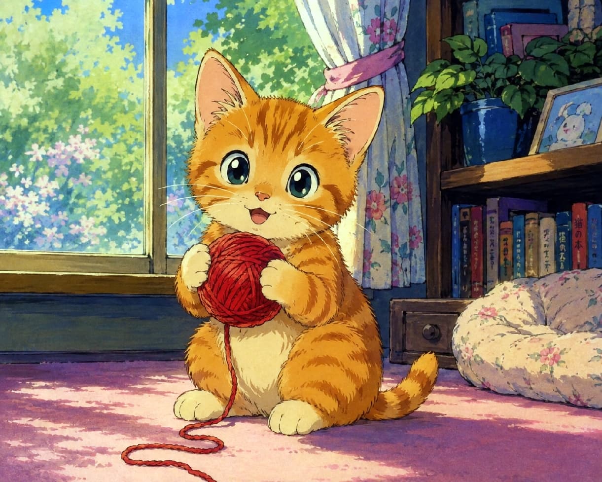 「80年代アニメの茶トラちゃんがタイムスリップ📺✨ ノスタルジックな雰囲気に、思わずキュンとしちゃうニャ🐈💕 #猫 #子猫 #茶トラ #アニメ #レトロ」80s retro anime style, hand-drawn cell animation, featuring a 2-month-old orange tabby kitten holding a red ball of yarn, sitting near a sunlit window. The image has a nostalgic look with a specific color palette. The kitten, with large blue-green eyes looking at the camera, is surrounded by intricate details: green trees and flowers outside, curtains, shelves with books and a "Neko no Hon" (Cat's Book) sign. Based on an ultra-realistic high-quality photograph. 80年代レトロアニメの手描きセルアニメスタイルで描かれた、赤い毛糸玉を抱える2ヶ月の茶トラ(オレンジタビー)の子猫。ノスタルジックな雰囲気が特徴。子猫は大きな青緑色の瞳でこちらを見つめ、背景の窓辺には緑の木々、ピンクの花、カーテン、本棚、そして"猫の本"と書かれた日本語のテキストが描かれている