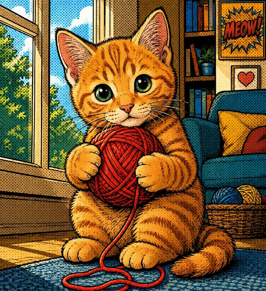 「アメコミ風の茶トラちゃんが「MEOW!」と挨拶🇺🇸✨ 網点と太い輪郭がポップでクールニャ!🐈 #猫 #子猫 #茶トラ #アメコミ #ポップアート」American comic book art featuring a 2-month-old orange tabby kitten holding a red ball of yarn, sitting near a sunlit window. The art style includes bold black outlines and halftone pop-art dots. The kitten, with striking green eyes looking at the camera, is surrounded by detailed background elements: green trees outside the window, shelves, a blue sofa, a basket of yarn, and a "MEOW!" comic burst. Based on an ultra-realistic high-quality photograph. アメリカンコミックのポップアートスタイルで描かれた、赤い毛糸玉を抱える2ヶ月の茶トラ(オレンジタビー)の子猫。太い黒の輪郭と網点(ハーフトーン)のドットが特徴。子猫は鮮やかな緑の瞳でこちらを見つめ、背景の窓辺には緑の木々、本棚、青いソファ、編み物カゴ、そして"MEOW!"の吹き出しアートが描かれている