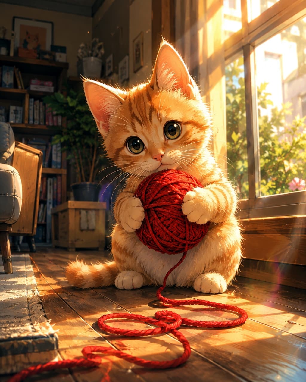 「劇場版アニメの主人公みたい🎬✨ ドラマチックな光とふわふわ茶トラちゃんにキュンとしちゃうニャ🐈💕 #猫 #子猫 #茶トラ #アニメ風 #シネマティック」Modern Japanese anime style art featuring a 2-month-old orange tabby kitten holding a red ball of yarn. The scene boasts a high-budget anime movie aesthetic with cinematic lighting, beautiful glowing effects, and subtle lens flare. The kitten, with large olive-green eyes, sits on a wooden floor near a sunlit window. The highly detailed cozy room background includes a bookshelf and warm sunlight, presented as an ultra-realistic high-quality anime illustration. 劇場版アニメのワンシーンのようなドラマチックな光に包まれた、生後2ヶ月の茶トラ(オレンジタビー)の子猫。柔らかな被毛の質感や大きなオリーブグリーンの瞳が印象的で、両前足で赤い毛糸玉をしっかりと抱えてカメラをじっと見つめています。背景の窓からは強い太陽光が差し込み、レンズフレアが美しく輝き、本棚や木製の床のディテールがシネマティックに描写されています