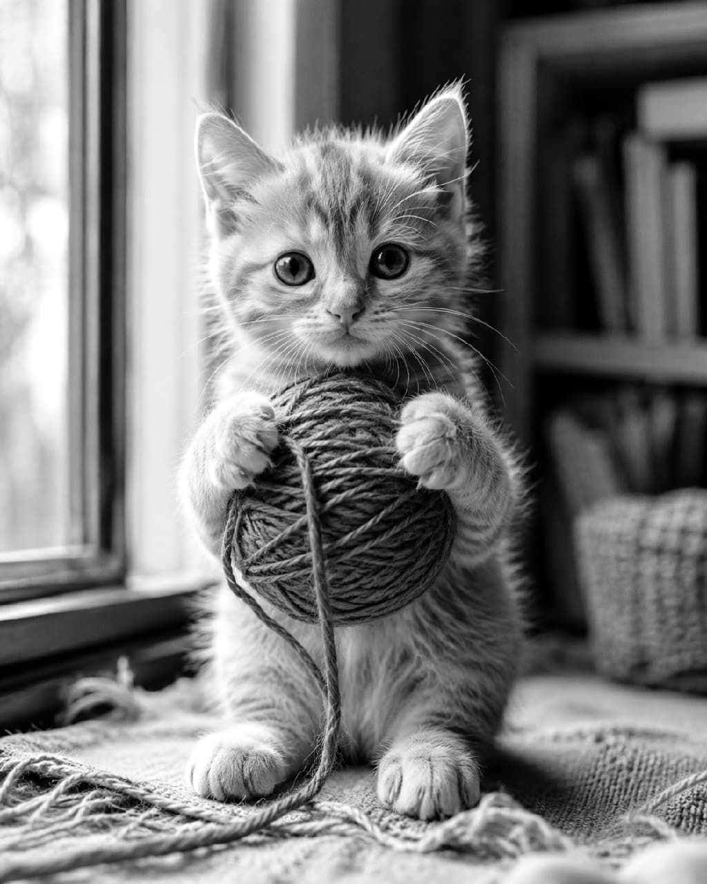 「光と影が織りなす、モノクロームの芸術的な子猫ちゃん✨ 毛糸玉を抱えた姿がたまらない #子猫 #猫のいる暮らし #モノクロ #写真 #茶トラ」A high-contrast black and white fine art photograph of a 2-month-old orange tabby kitten holding a large red (rendered in grayscale) ball of yarn with both paws, looking at the camera. The kitten is sitting on a textured mat near a sunlit window, with background elements like a window frame and bookshelf. The dramatic high-contrast lighting emphasizes the kitten's soft fur texture and the details of the yarn fiber in this ultra-realistic high-quality photograph. モノクロームのアート写真で、太陽の光が差し込む窓辺に座る茶トラ(オレンジタビー)の子猫が描かれている。子猫は赤い(グレーに見える)大きな毛糸玉を両前足で抱え、カメラをじっと見つめている。高いコントラストが光と影を強調し、子猫の被毛の質感や毛糸の繊維、背景の窓枠や本棚のディテールが際立っている