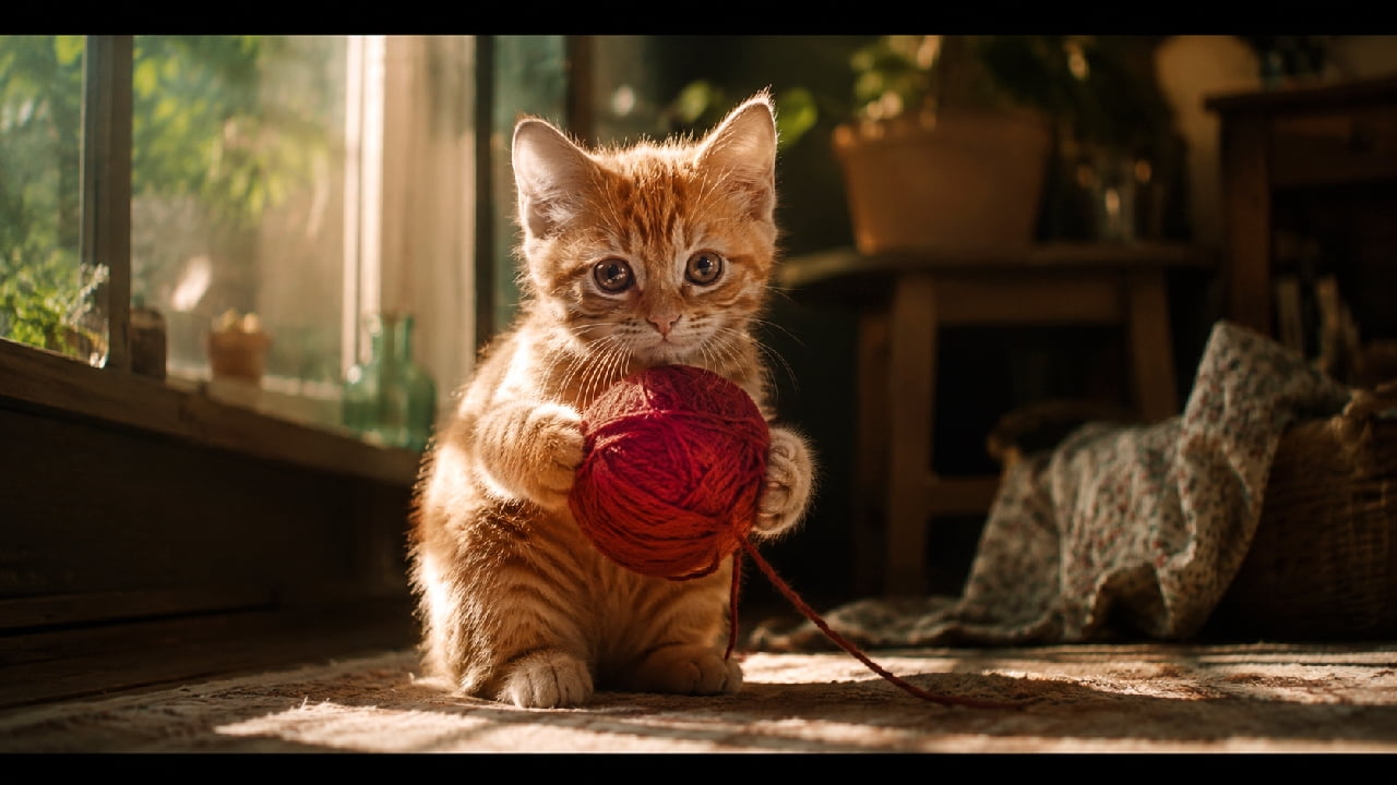「映画のワンシーン🎬?ドラマチックな光に包まれる、赤い毛糸を抱えた子猫ちゃん✨ #子猫 #猫のいる暮らし #シネマティック #写真 #茶トラ」A cinematic movie still featuring a 2-month-old orange tabby kitten holding a red ball of yarn, sitting near a sunlit window and looking directly at the camera. The dramatic lighting emphasizes the kitten's soft fur and creates deep shadows and high contrast. Background elements like the window frame, potted plants, and wooden furniture are softly blurred, characteristic of an anamorphic lens. The warm, directed sunlight creates a soft glow around the kitten in this ultra-realistic high-quality photograph. シネマティックな映画のワンシーンを思わせる、ドラマチックなライティングの茶トラ(オレンジタビー)の子猫の写真。太陽の光が差し込む窓辺に座り、赤い毛糸玉を抱えている。子猫はカメラをじっと見つめており、光が子猫の毛並みを強調し、深い影と高いコントラストを生み出している。背景はぼんやりとしており、窓枠や植物、家具がわずかに見える。アナモルフィックレンズによる特有のボケ味が特徴