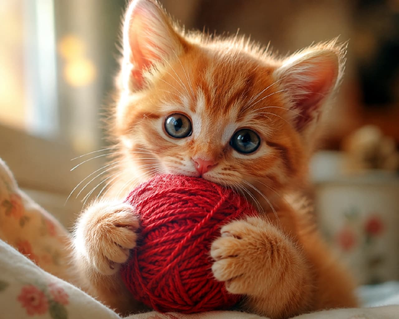 「超接近!赤い毛糸をかじる、あざとかわいい茶トラの子猫ちゃん🔍💕 この潤んだ目は反則級 #子猫 #猫のいる暮らし #マクロ撮影 #あざとかわいい #写真 #茶トラ」An extreme close-up, high-quality macro photograph of a 2-month-old orange tabby kitten. The kitten, sitting by a sunlit window, holds a red ball of yarn in its paws and is gently nibbling on it. The kitten’s large, dewy eyes are fixed on the camera. The focus is incredibly sharp on the kitten's detailed fur, its tiny paws with visible paw pads and claws, and the fiber of the red yarn. The background is a soft, dreamy bokeh, with the window light creating natural light orbs in this ultra-realistic photograph. 超接写(マクロ撮影)された茶トラ(オレンジタビー)の子猫。太陽の光が差し込む窓辺で、子猫は赤い毛糸玉を抱え、口元でかじっている。カメラをじっと見つめる子猫の大きな目は潤んでおり、被毛の質感や、赤い毛糸の繊維、子猫の前足の肉球や爪が非常に詳細に捉えられている。背景は柔らかく夢のようなボケ味で、窓辺の光が玉ボケとなっている
