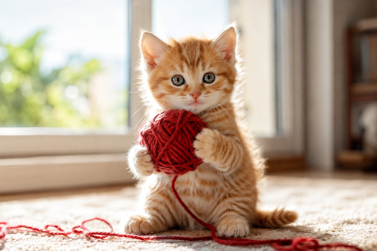 「太陽の光と毛並みの奇跡☀️✨ 最高画質で捉えた、赤い毛糸を抱えた子猫ちゃん🐾 このふわふわ感、たまらない✨ #子猫 #猫のいる暮らし #フォトリアル #写真 #茶トラ」An ultra-realistic high-quality 8k photograph taken with an 85mm lens at f/1.8, featuring a 2-month-old orange tabby kitten holding a red ball of yarn, sitting near a sunlit window and looking at the camera. The sharp focus captures the texture of the kitten's soft fur and the fibers of the red yarn. Natural sunlight streams from the window, illuminating the scene and creating a warm glow. The background features beautifully soft, natural bokeh with hints of a window frame, potted plants, and a bookshelf in this ultra-realistic high-quality photograph. 超リアルな最高画質の8K写真で、太陽の光が差し込む窓辺に座る茶トラ(オレンジタビー)の子猫が描かれている。子猫は赤い毛糸玉を抱え、カメラをじっと見つめている。光線が子猫の被毛の質感、目の色の深さ、そして毛糸の繊維を詳細に捉えている。背景は柔らかく、自然なボケ味で、窓枠、鉢植え、本棚がぼんやりと見える。85mmレンズ、f/1.8で撮影