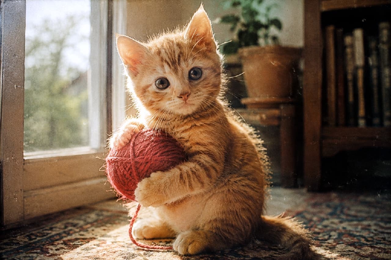 「レトロなフィルムに刻まれた、赤い毛糸を抱える子猫ちゃん🌿🎞️ どこか懐かしい、温かい記憶📷 #子猫 #猫のいる暮らし #フィルム写真 #レトロ #茶トラ」A vintage 35mm film photograph of a 2-month-old orange tabby kitten holding a red ball of yarn, sitting near a sunlit window and looking at the camera. The image features faded colors, heavy film grain, and subtle film defects, giving it a retro look. Background elements like the window frame, potted plants, and a bookshelf are visible but softened by the atmosphere and warm light in this ultra-realistic high-quality photograph with a vintage film aesthetic. ヴィンテージ35mmフィルム写真で、太陽の光が差し込む窓辺に座る茶トラ(オレンジタビー)の子猫が描かれている。子猫は赤い毛糸玉を抱えており、カメラをじっと見つめている。退色した色合いと、強いフィルムグレイン、そしてわずかなフィルムの傷が、レトロな雰囲気を作り出している。背景には、窓枠、鉢植え、本棚がぼんやりと見え、温かい光に包まれている