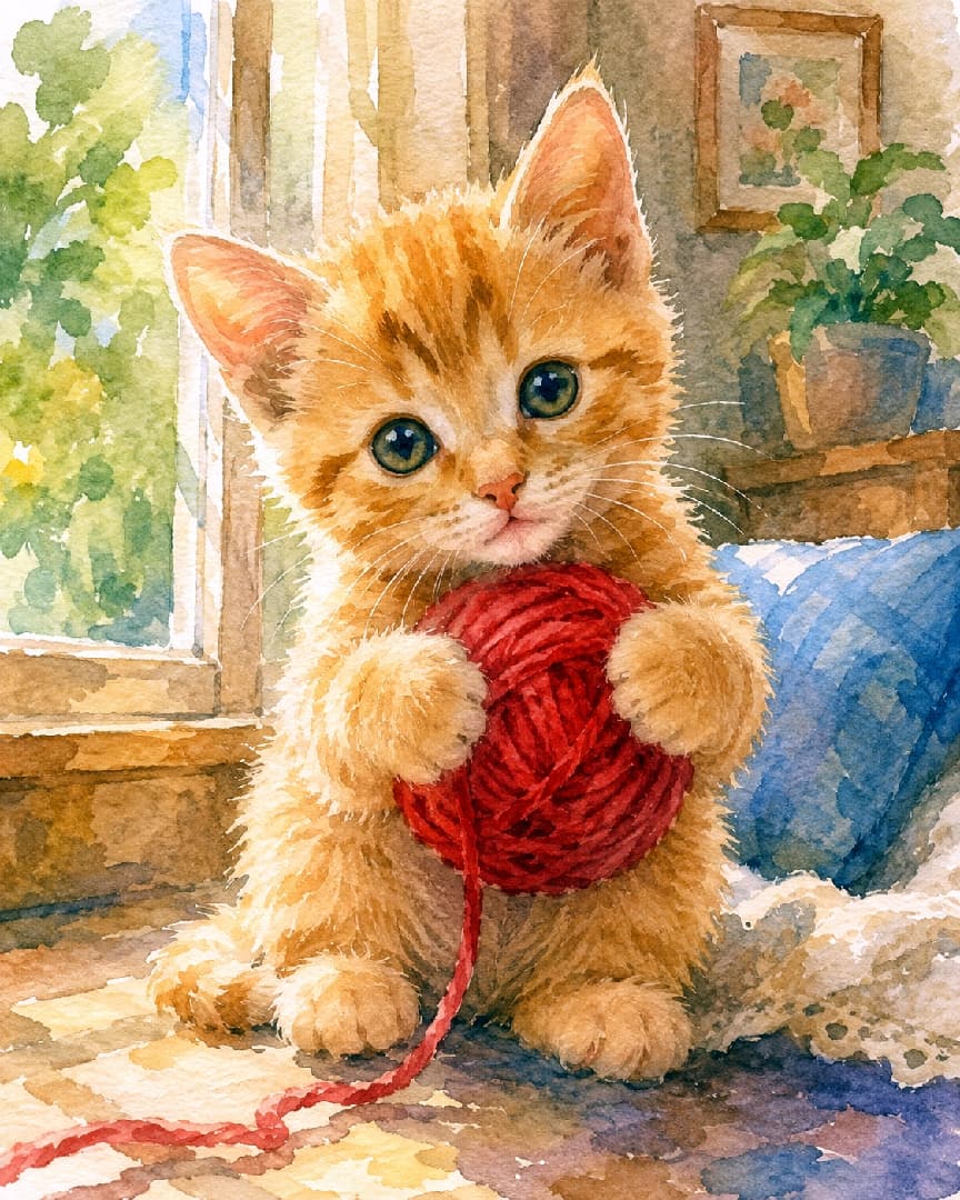 「水彩の魔法にかかった、毛糸を抱える茶トラの子猫ちゃん🎨✨ 窓辺の光が温かい #子猫 #猫のいる暮らし #水彩画 #茶トラ」A watercolor painting of a 2-month-old orange tabby kitten holding a red ball of yarn, sitting near a sunlit window and looking at the camera. The style features soft color washes, paper texture, and visible brushstrokes. A soft, warm light illuminates the scene, which includes background details like plants and framed art. The kitten's soft fur texture and the detail of its eyes are clearly depicted in this ultra-realistic high-quality photograph of a watercolor. 太陽の光が差し込む窓辺で、2ヶ月の茶トラ(オレンジタビー)の子猫が赤い毛糸玉を抱えて座り、カメラをじっと見つめている。水彩画スタイルで、柔らかな筆致と色むら、紙の質感が特徴。背景には植物や額縁がぼんやりと描かれ、温かい雰囲気。子猫の被毛の質感は柔らかく、目の色が詳細に描写されている