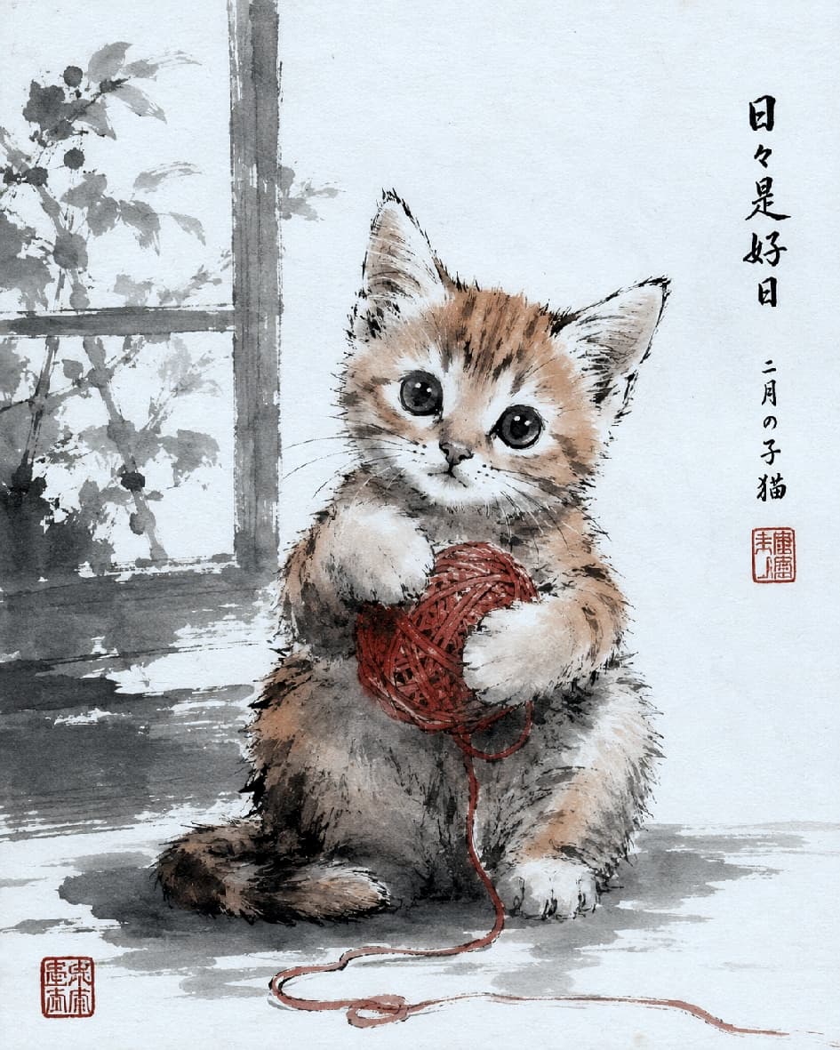「墨のぼかしと赤い毛糸の情緒✨ 和の空間でまどろむ子猫ちゃん🐾 #猫 #子猫 #猫のいる暮らし #墨絵 #和の情緒 #茶トラ」A traditional Japanese Sumi-e ink wash painting featuring a 2-month-old orange tabby kitten holding a red ball of yarn. The kitten is sitting near a sunlit window, rendered with minimalist and expressive brushstrokes. The scene uses subtle ink washes and deliberate line work to depict the kitten and its environment on textured washi paper, with the red yarn providing a single pop of color. The background features a blurred ink wash depiction of bamboo and a window frame. Japanese calligraphy and a seal (stamped signature) are included, enhancing the authentic traditional feel based on an ultra-realistic high-quality photograph. 太陽の光を浴びる和紙の窓辺に座り、赤い毛糸玉を抱える2ヶ月の茶トラ(オレンジタビー)の子猫。伝統的な日本の墨絵(水墨画)スタイルで描かれ、ミニマルな構図と、墨のぼかし(片ぼかし、掠れ)による表現が特徴。子猫は墨の濃淡と部分的な赤い毛糸玉で、繊細に描写されている。窓の外の竹(のような植物)と窓枠が、墨のぼかしで表現。画面右側に落款と和歌(「日々是好日 二月の子猫」)が記されている