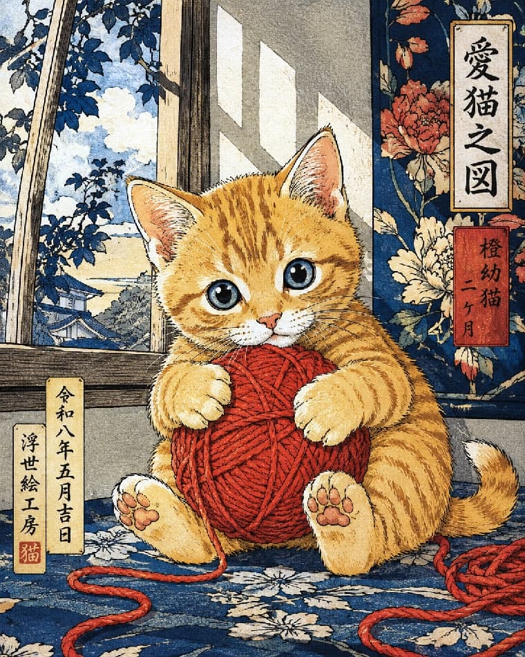 「浮世絵の力強さと和柄の情緒✨ 毛糸を抱えた、粋な子猫ちゃん🐾 #猫 #子猫 #猫のいる暮らし #浮世絵 #日本文化 #和の情緒 #茶トラ」A detailed Japanese Ukiyo-e woodblock print style image featuring a 2-month-old orange tabby kitten holding a red ball of yarn. The kitten is sitting near a sunlit window in a traditional Japanese room, captured with bold outlines, traditional patterns, and a textured print finish. The kitten, with striking blue eyes, holds the vibrant red yarn. The background features a detailed garden view outside the window and interior elements like a traditional screen with peony flowers and a patterned floor. This style combines historical aesthetics with a cute subject based on an ultra-realistic high-quality photograph. Calligraphy and seals are present, adding to the authenticity. 太陽の光が差し込む和室の窓辺に座り、赤い毛糸玉を抱える2ヶ月の茶トラ(オレンジタビー)の子猫。伝統的な日本の浮世絵(木版画)スタイルで描かれ、太い輪郭線、平滑な色面、木版画特有の質感が特徴。子猫は青い瞳で、毛並みが和柄の模様で表現。背景は窓の外の緑、右側に牡丹の花の屏風(または壁掛け)、和柄の床が描写されている。画面上下に落款と文字(「愛猫之図 橙幼猫 二ヶ月」「令和八年五月吉日 浮世絵工房」)が記されている