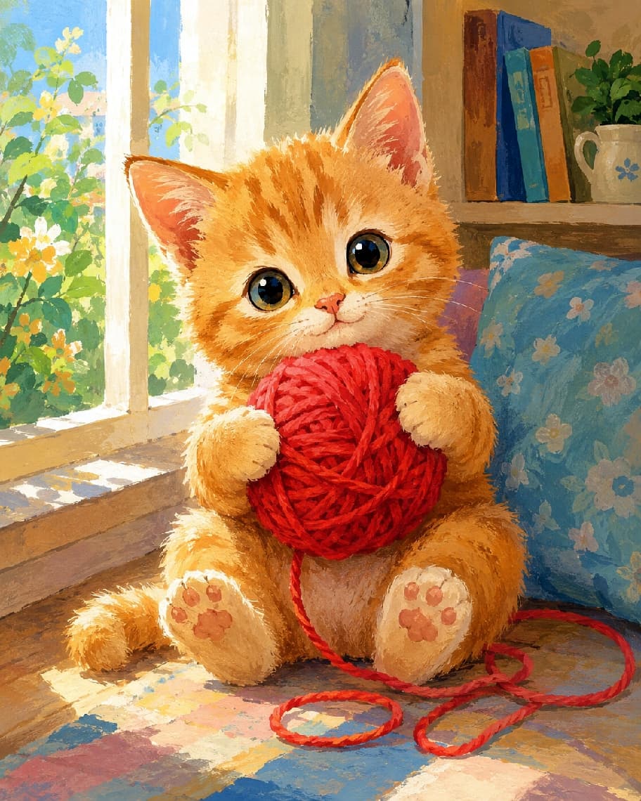 「鮮やかな色彩の競演🌈 毛糸を抱えたポップな子猫ちゃん🐾 #猫 #子猫 #猫のいる暮らし #ガッシュ画 #ポップアート #アート #茶トラ」A vibrant Gouache painting in a whimsical children's book illustration style with a matte finish, featuring a 2-month-old orange tabby kitten holding a red ball of yarn. The kitten is sitting near a sunlit window, captured with bold colors, clean edges, and large, bright eyes. Strong sunlight streams through the window, highlighting the kitten and creating sharp contrast. The background includes a clear view of a garden outside, a blue polka-dot cushion, and a bookshelf with a vase, all rendered with clean, distinct color blocks based on an ultra-realistic high-quality photograph. 太陽の光が強く差し込む窓辺に座り、赤い毛糸玉を抱える2ヶ月の茶トラ(オレンジタビー)の子猫。鮮やかなガッシュ画のスタイルで描かれ、太くクリーンなエッジと、大胆でポップな色彩が特徴。子猫は鮮やかなオレンジで、大きな瞳は深く澄んでいる。背景は、窓の外の鮮やかな緑と花、青いドット柄のクッション、本棚が、コントラスト強く描写されている。子猫の肉球がはっきり見える