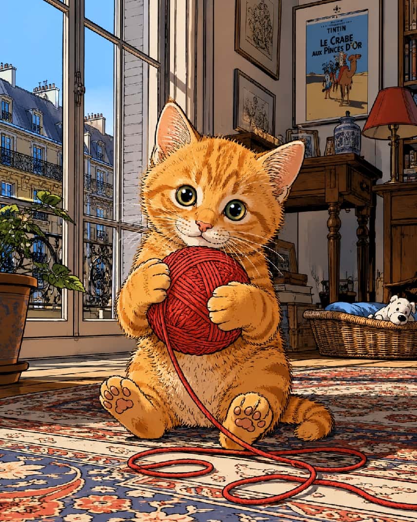 「パリの窓辺でくつろぐお洒落な茶トラちゃん🇫🇷🎨 ヨーロピアンなバンド・デシネ風の線画がとっても素敵ニャ🐈💕 #猫 #子猫 #バンドデシネ #アート #パリ #猫好きさんと繋がりたい #猫のいる暮らし #茶トラ」A Franco-Belgian comic style illustration using the ligne claire technique, featuring a 2-month-old orange tabby kitten holding a red ball of yarn. Clean outlines and flat vibrant colors depict the kitten sitting on a patterned rug. The detailed architectural background shows a Parisian street through the sunlit window, capturing the crispness of an ultra-realistic high-quality photograph in comic art. バンド・デシネ(フレンチコミック)のリーニュ・クレール手法で描かれた、赤い毛糸玉を抱える生後2ヶ月の茶トラ(オレンジタビー)の子猫。均一でクリーンな輪郭線とフラットで鮮やかな色彩が特徴で、開かれた窓の向こうには緻密に描かれたパリ風の建築物が広がる。室内にはペルシャ絨毯やクラシックなポスターが飾られ、上品で洗練された陽だまりの情景