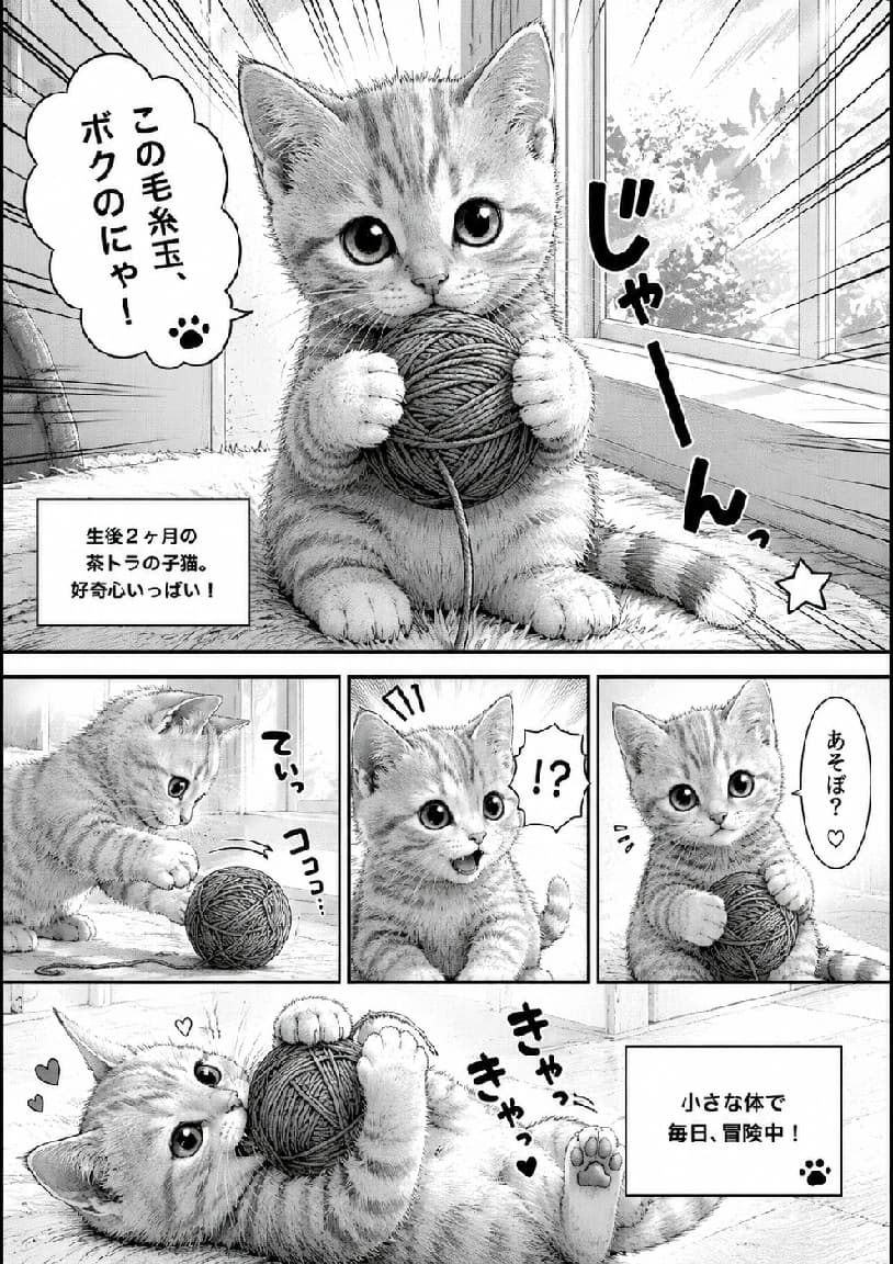 「毛糸玉をめぐる大冒険にゃ!💥 仰向けになってケリケリする姿にキュン死確定ニャ〜🐈💘 #猫 #子猫 #漫画 #猫好きさんと繋がりたい #猫のいる暮らし #茶トラ」Another Japanese manga page showing a 2-month-old tabby kitten's playful adventures with a yarn ball. Using monochrome screentone shading and dynamic action lines, the kitten is depicted holding the yarn proudly, looking surprised, and rolling on its back. The highly detailed linework elevates the scene, mirroring the sharpness of an ultra-realistic high-quality photograph in manga form. モノクロの日本漫画スタイルで表現された、生後2ヶ月の子猫の冒険を描くコミックページ。好奇心いっぱいの大きな瞳の茶トラ(キジトラ風)が「この毛糸玉、ボクのにゃ!」と赤い毛糸玉を抱える姿や、コロンと仰向けになって「きやっ」とケリケリする無邪気なポーズが、集中線やトーン効果でダイナミックかつ愛らしく描写されている