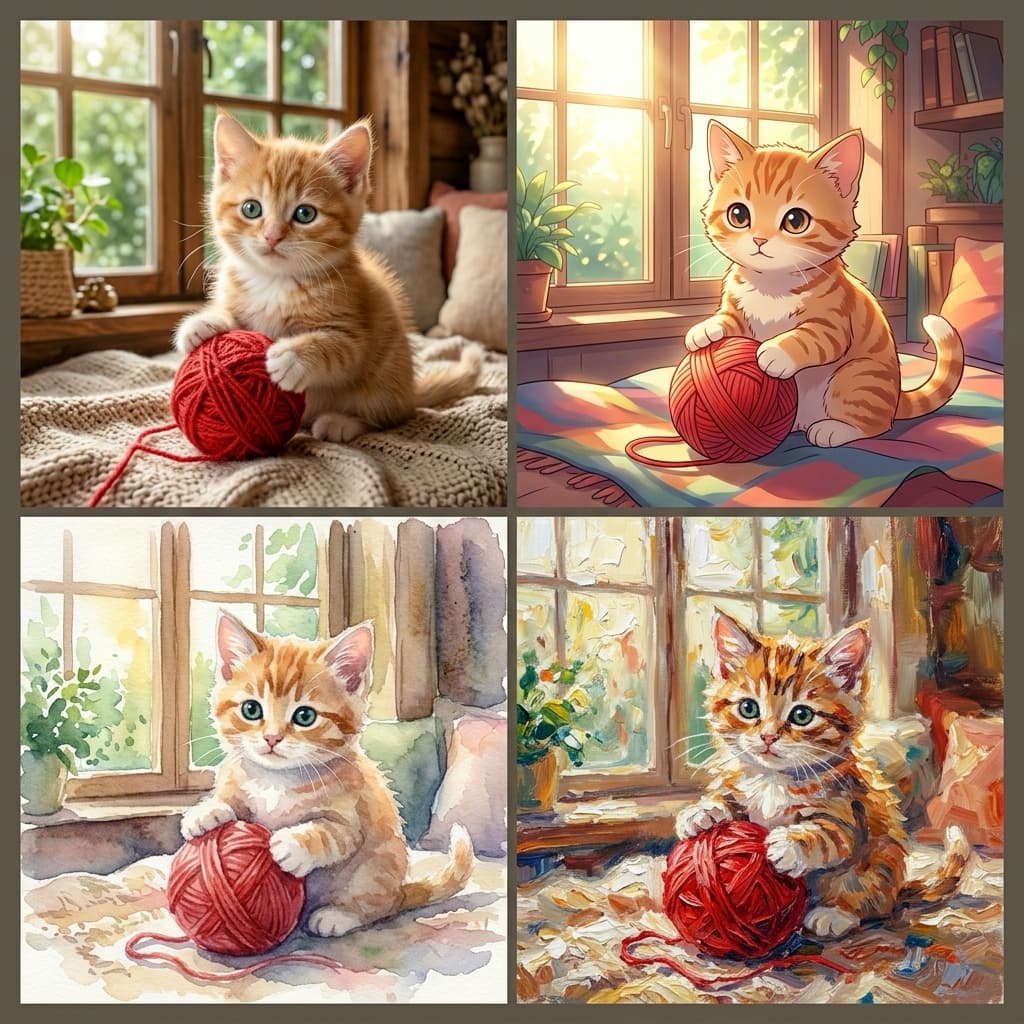 「毛糸玉に夢中な茶トラちゃん、どのアート感が一番好き?🐾✨お気に入りのタッチを教えてね!🧶 #茶トラ #子猫 #AIイラスト #アート比較」Ultra-realistic high-quality photograph featuring a 2x2 square comparison grid of a charming 2-month-old orange tabby kitten playing with a red ball of yarn by a sunlit window. The grid showcases four distinct artistic styles: hyper-detailed photo (top-left), modern Japanese anime (top-right), traditional soft watercolor (bottom-left), and impasto impressionist oil painting (bottom-right), perfectly capturing the kitten's adorable expression. 暖かな光が届く窓辺で赤い毛糸玉に両手を添える2ヶ月ほどの茶トラ子猫を、正方形の2x2グリッドに収めた画像。左上の超写実的なリアル写真、右上の鮮やかな現代日本アニメ風、左下の柔らかい質感の伝統的水彩画、右下の厚塗り感が際立つ印象派油絵という4つの異なる表現手法で描かれており、子猫の真ん丸な瞳と愛らしいポーズがそれぞれのタッチで情景豊かに表現されています