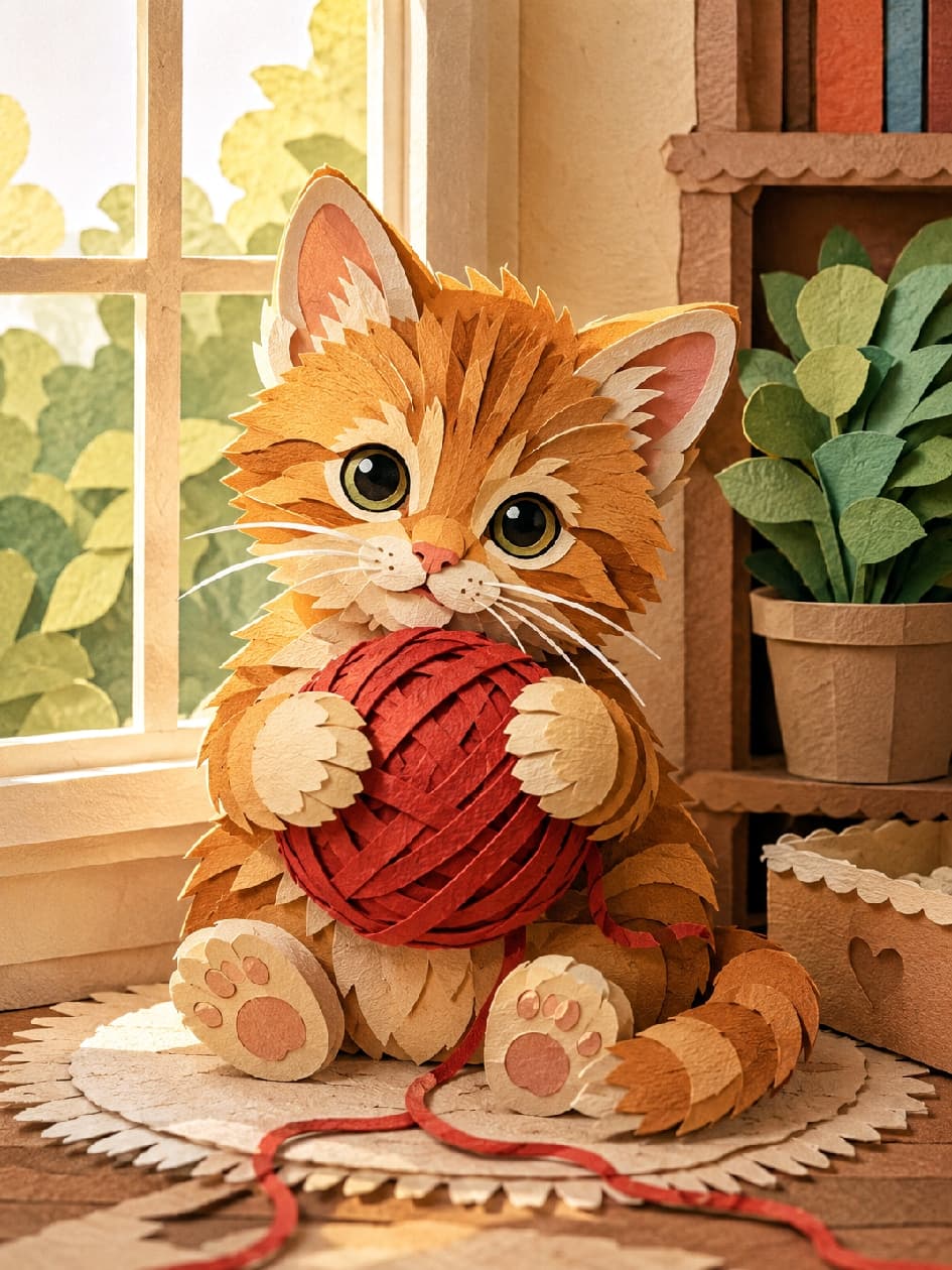 「紙でできた、ふわふわ(?)茶トラちゃん🌿✨ 窓辺の光に包まれて、毛糸玉をぎゅっ!🐈💕 #猫 #子猫 #切り絵アート #ハンドメイド#アートのある暮らし #猫好きさんと繋がりたい #猫のいる暮らし #茶トラ」Ultra-realistic high-quality photograph of papercut art featuring a 2-month-old orange tabby kitten. The illustration, made from layered paper of varying textures and shadows, shows the kitten with vibrant orange fur and large hazel eyes, holding a red ball of yarn with both paws and looking directly at the camera. Warm sunlight streams from a window, and the background with a bookshelf and potted plants is also delicately crafted from paper. The wooden window frame and soft sunlight convey a cozy room atmosphere. ペーパーカットアート(切り絵)スタイルで描かれた、生後2ヶ月の茶トラ(オレンジタビー)の子猫。様々な厚みと質感の紙を重ね合わせ、影を活かして立体的に表現されている。子猫は鮮やかなオレンジの被毛と大きなヘーゼル色の瞳を持ち、両前足で赤い毛糸玉をしっかりと抱えてカメラをじっと見つめている。窓からは温かい太陽の光が差し込み、背景の本棚や観葉植物も紙で繊細に作られている。木製の窓枠と柔らかな日差しが、居心地の良い部屋の雰囲気を伝えている