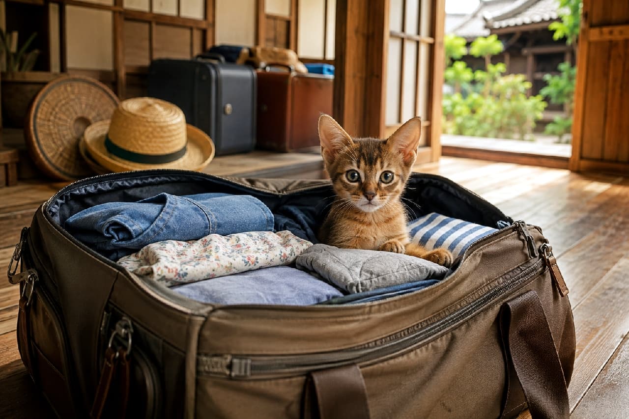 「ぼくも一緒に連れてってにゃ👜🐾 お盆の帰省準備中、バッグにすっぽり入っちゃうアビシニアンちゃんが可愛すぎる! #お盆休み #帰省 #アビシニアン #日本の夏 #猫のいる暮らし」Ultra-realistic high-quality photograph of a cute Abyssinian kitten sitting inside a packed travel bag on a wooden floor in a traditional Japanese house, ready for an Obon trip, with a straw hat and luggage in the background. 日本の伝統的な家屋の縁側で、お盆の帰省用に服が詰まった旅行鞄の中にちょこんと座るアビシニアン風の子猫。大きめの耳と美しいティックドタビーの被毛、まん丸な瞳が印象的。背景には麦わら帽子やトランクがあり、旅支度のワクワク感が自然光とともに温かく描かれています
