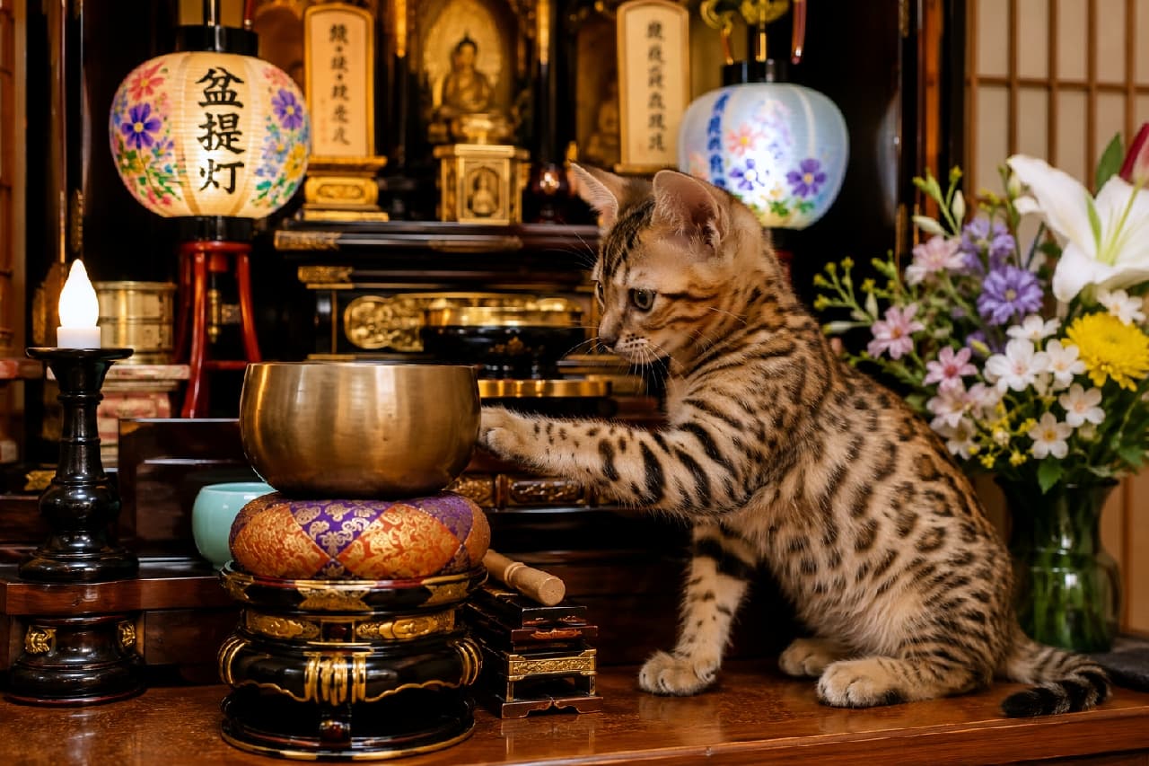 「ご先祖様へのご挨拶かな?🙏✨ お仏壇の「おりん」を鳴らしたくてたまらないベンガル子猫ちゃんが尊い🐈 #お盆 #ベンガル猫 #お仏壇」Ultra-realistic high-quality photograph of a Bengal kitten playfully reaching its paw towards a golden singing bowl in front of a beautifully decorated traditional Japanese Buddhist altar with glowing Obon lanterns and flowers. 華やかな花や盆提灯が飾られた立派な仏壇の前で、座布団に乗った金色の「おりん」にそっと前足を伸ばして触れようとするベンガル柄の子猫。美しいヒョウ柄の被毛と真剣な横顔、仏壇の厳かな雰囲気と子猫の無邪気な好奇心のコントラストが際立つ一枚