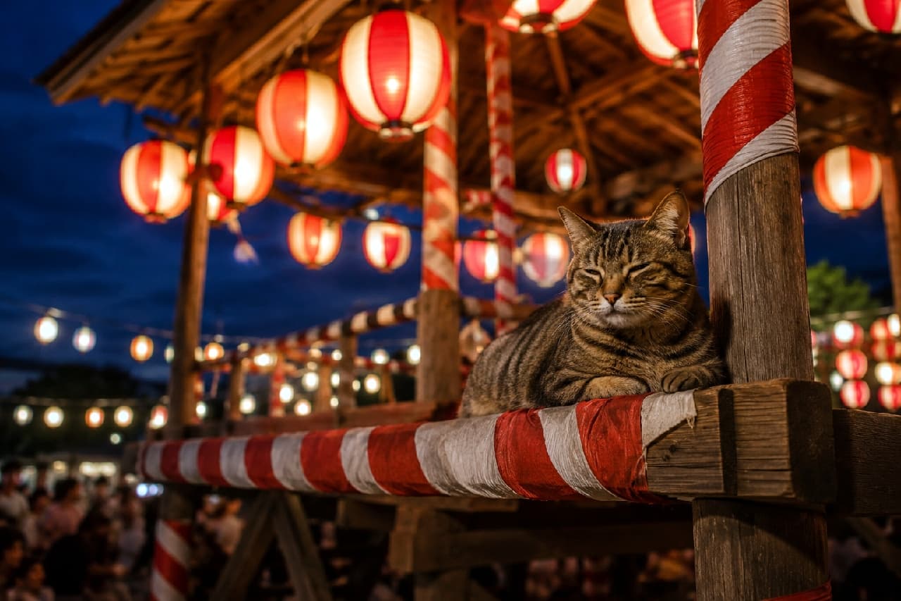 「お祭りばやしをBGMに特等席でリラックス🏮🐾 提灯の光に照らされたキジトラちゃんが絵になりすぎる✨ #夏祭り #キジトラ #日本の夏 #猫のいる夏」Ultra-realistic high-quality photograph of a brown tabby cat resting comfortably on a wooden festival tower decorated with red and white striped fabric and glowing paper lanterns at a Japanese summer festival. 夏祭りの夜、紅白の布が巻かれた木組みのやぐらの上で心地よさそうにくつろぐキジトラ猫。無数に飾られた赤と白の提灯の温かい光が、猫の美しいブラウンの縞模様と満足げな細めた瞳をドラマチックに照らし出しています