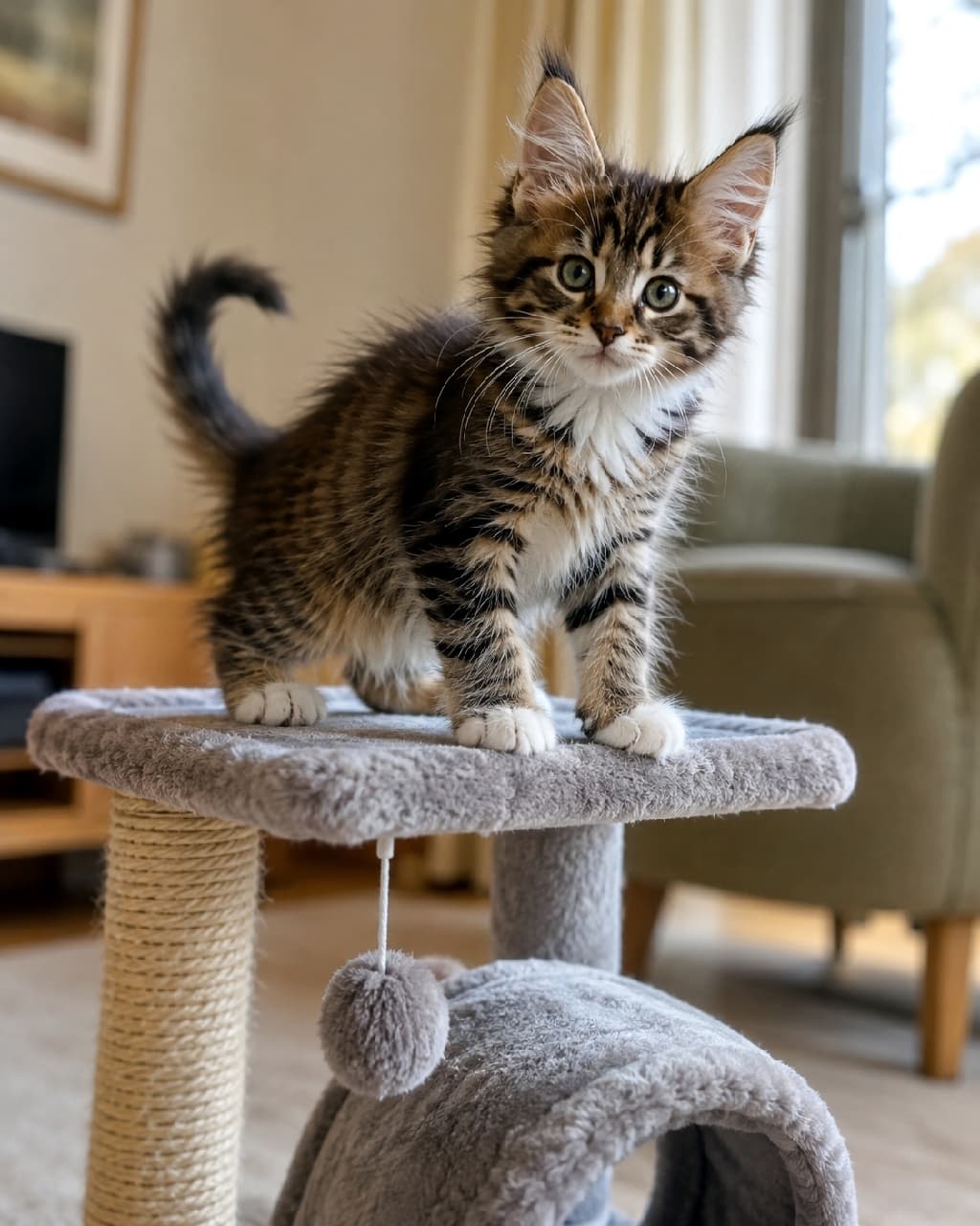 「生後8週のメインクーンちゃん🐈 キャットタワー登れたよ!ってカメラ目線✨」Ultra-realistic high-quality photograph of an eight-week-old Maine Coon kitten with brown tabby and white fur, standing on the top tier of a gray cat tree in a bright living room. The kitten is looking directly at the camera with large, curious eyes. The fur is still short and fluffy. A feather toy hangs from the cat tree. In the blurred background, there's a sofa and houseplants. Natural light. 明るいリビングで、生後8週のメインクーンの子猫が、グレーのキャットタワーの最上段に四本足で立ち、カメラをまっすぐ見つめている。子猫の被毛はブラウンタビー&ホワイトで、まだ短くふわふわしており、大きな目が印象的。キャットタワーにはフェザーおもちゃがぶら下がっている。背景にはソファや観葉植物が柔らかくボケている