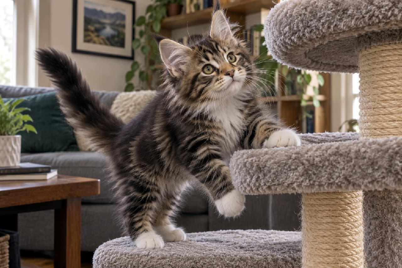 「生後8週のメインクーンちゃん🐈 初めてのキャットタワー!どこまで行けるかな?ドキドキの冒険開始🐈✨」Ultra-realistic high-quality photograph of an eight-week-old Maine Coon kitten with brown tabby and white fur, placing its front paws on a step of a gray cat tree and looking up. The kitten has its fluffy tail raised and a curious expression. The soft texture of the fur is rendered with high detail. The background features a sofa, cushions, and houseplants with warm, natural light. 生後8週のブラウンタビー&ホワイトのメインクーンの子猫が、グレーのキャットタワーのステップに前足をかけ、上を見上げている。ふわふわの尻尾を立て、好奇心旺盛な表情をしている。被毛の質感が柔らかそうに描写されている。背景にはソファ、クッション、観葉植物があり、温かみのある光が差し込んでいる
