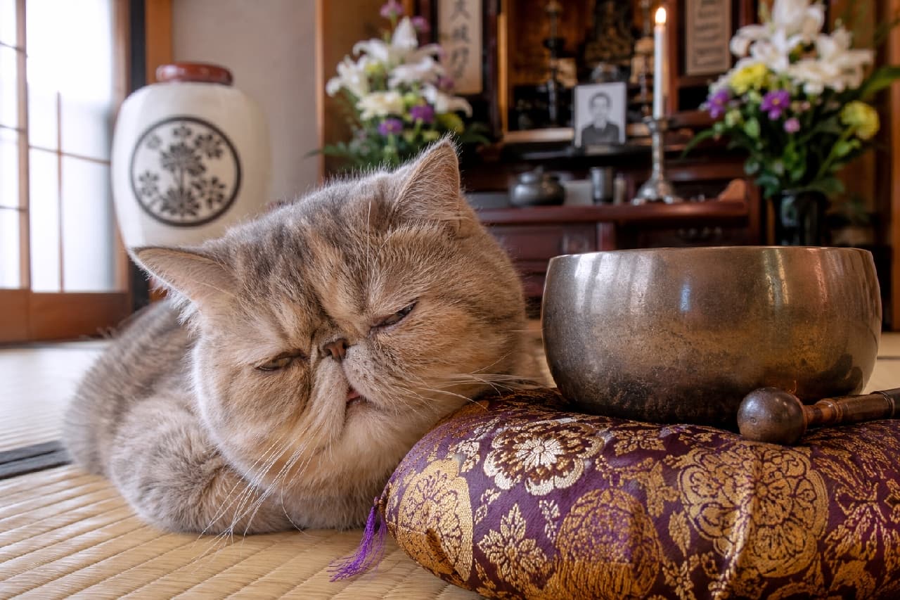 「チーンって鳴らさないでね、お昼寝中だから💤 お仏壇の前でリラックスしすぎなペチャ顔ちゃんに癒される🍵 #エキゾチックショートヘア #お仏壇 #猫のいる暮らし #日本の夏 #猫のいる夏」Ultra-realistic high-quality photograph of a flat-faced Exotic Shorthair cat sleeping peacefully next to a Buddhist singing bowl (orin) on a tatami mat, with a traditional Buddhist altar in the background during Obon. 畳の和室で、豪華な紫の座布団に乗った仏具の「おりん」のすぐ横で、目を細めてぺちゃんこの顔でまどろむエキゾチックショートヘア。背景には遺影や蝋燭が飾られたお仏壇があり、お盆の厳かな空間と猫のユーモラスな表情のギャップが魅力的