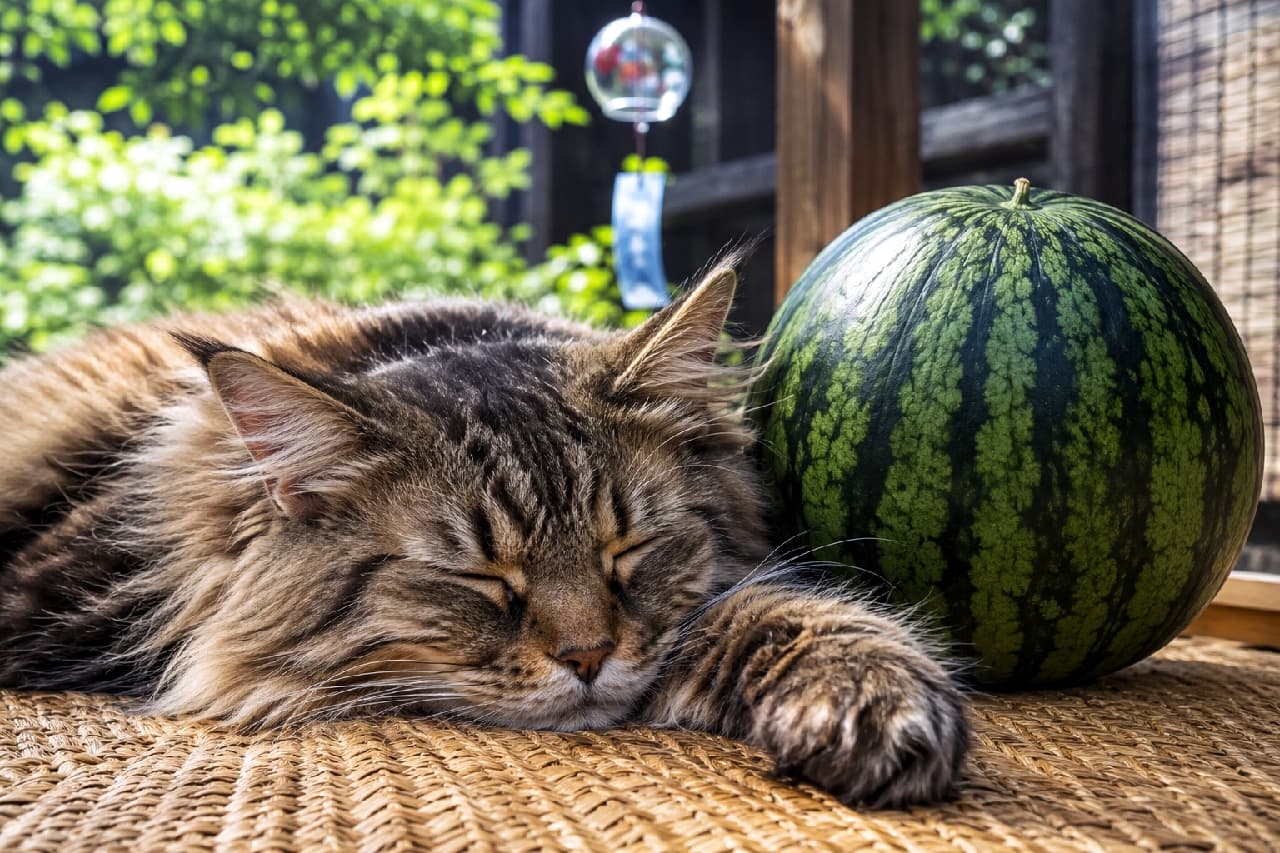 「スイカの横でひんやりお昼寝タイム🍉💤 涼しい風鈴の音が聞こえてきそう🎐 #猫のいる暮らし #夏休み #メインクーン #日本の夏」Ultra-realistic high-quality photograph of a majestic adult Maine Coon cat sleeping peacefully next to a whole watermelon on a woven mat. The blurred background features a lush green garden and a Japanese wind chime, capturing a relaxing summer afternoon. 夏の縁側に敷かれた涼しげなござの上で、立派な丸いスイカに寄り添うようにして気持ちよさそうに眠るメインクーンの成猫。豪華なブラウンの被毛の質感と、無防備な寝顔がリラックス感を誘います。背景には緑の庭と涼やかに揺れる風鈴がぼかして配置され、日本の夏の風情たっぷりです