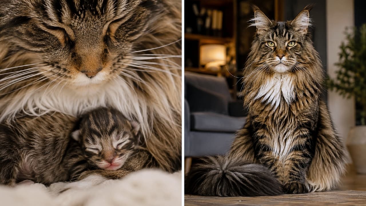 「こんなに小さかったのに…。驚きの成長!ビフォー・アフター。2年で威厳ある成猫へ🐈✨」Ultra-realistic high-quality photograph featuring a split-screen before-and-after shot. On the left, a newborn Maine Coon kitten sleeps tucked into its mother's rich, fluffy coat. On the right, a fully grown, two-year-old Maine Coon cat sits majestically on a wooden floor, looking up with a dignified expression. 左側に新生児のメインクーンの赤ちゃんが母猫の豊かな毛並みに顔を埋めて眠っている。右側に、生後24ヶ月(2歳)の成長したメインクーンが木のフローリングの上に堂々と座り、威厳のある表情で上を見上げている。ビフォー・アフターの構図