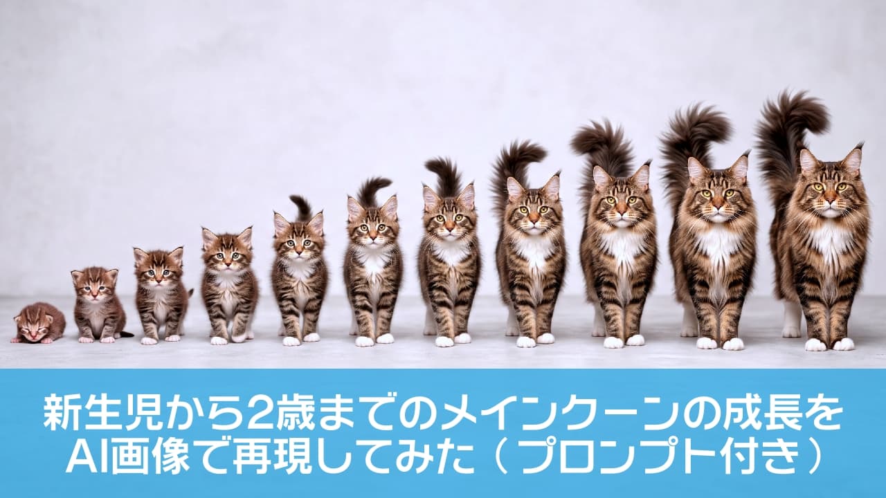 「新生児から2歳まで、成長の軌跡。こんなに変わるんだ！驚くべき成長🐈✨」Ultra-realistic high-quality photograph featuring a sequence of 11 Maine Coon cats capturing the growth process from newborn to two years old. From left to right, the changes in fur volume, body size, ear tufts, and expression are dramatically evident. All cats are sitting on a wooden floor, gazing directly at the camera. 新生児から生後24ヶ月（2歳）まで、メインクーンの成長過程を捉えた11匹の猫の連続写真。左から右へ、被毛のボリューム、体の大きさ、耳のタフト、表情が劇的に変化していく様子がわかる。全ての猫が、木のフローリングの上に座り、カメラをじっと見つめている