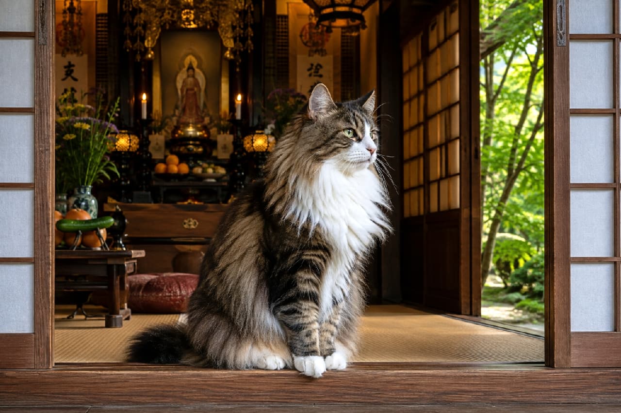「お盆の準備はバッチリだにゃ🐾 お寺の祭壇をしっかりお守りする、モフモフで立派なノルウェージャン様✨ #お寺の猫 #ノルウェージャンフォレストキャット #精霊馬 #お盆の風景 #日本の夏 #猫のいる暮らし」Ultra-realistic high-quality photograph of a majestic adult Norwegian Forest Cat sitting at the sliding door of a Japanese temple, guarding a beautiful Buddhist altar decorated with traditional Obon offerings like cucumber and eggplant spirit animals. 緑豊かな庭園を望むお寺の開け放たれた障子の前で、奥にある荘厳な仏壇と精霊馬(きゅうりとナスの飾り)を背に凛と座る、ノルウェージャンフォレストキャットの成猫。ブラウンタビーと真っ白な胸元の毛(ラフ)が美しく、お盆の神聖な空気を纏うような威厳ある佇まい