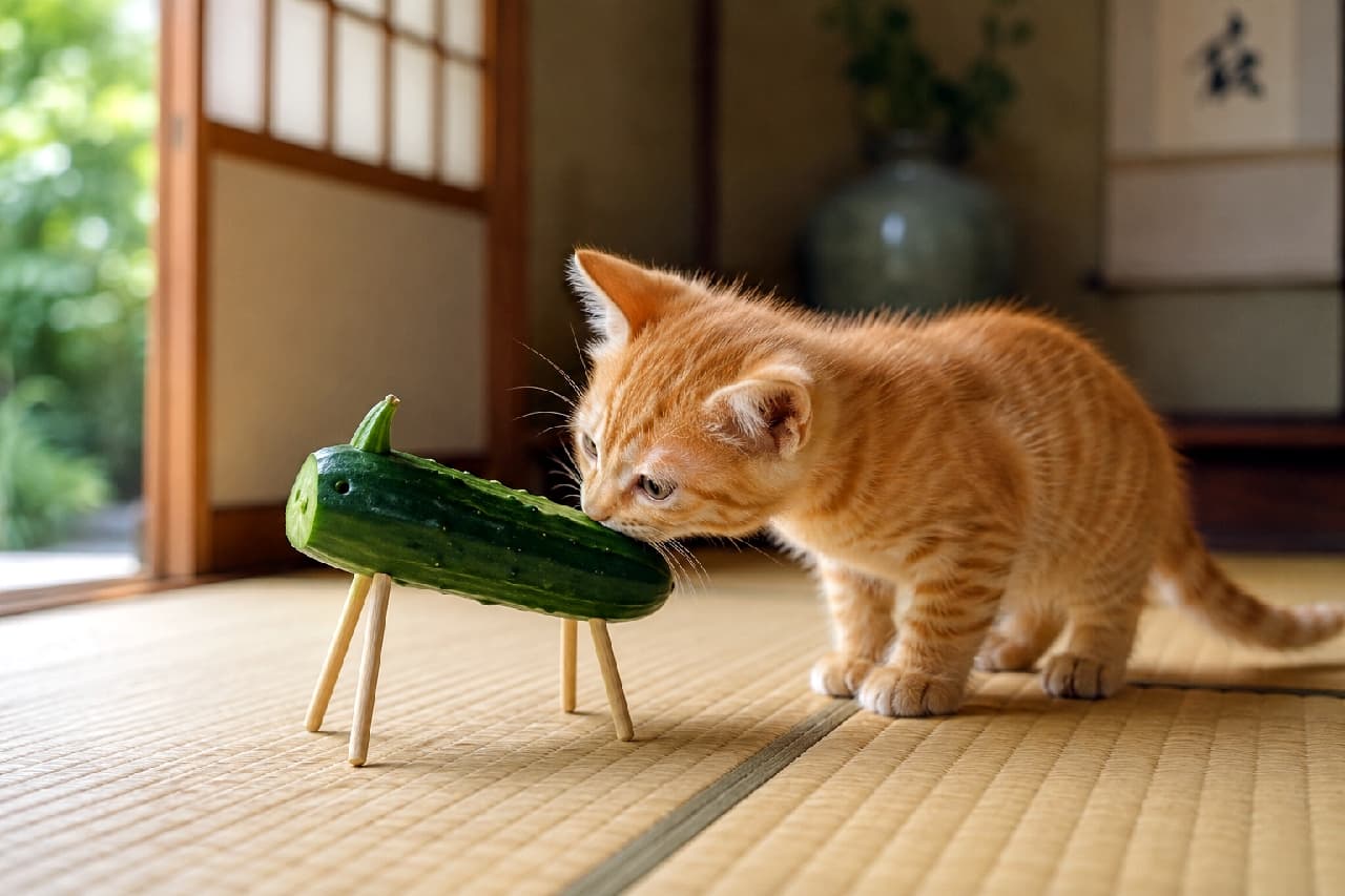 「お盆の準備はお任せにゃ🥒🐾 きゅうりのお馬さんに興味津々な茶トラちゃんが可愛すぎる! #お盆 #精霊馬 #茶トラ子猫」Ultra-realistic high-quality photograph of a curious orange tabby kitten sniffing a traditional cucumber spirit horse (shouryouuma) on a tatami mat in a Japanese room. The natural sunlight from the shoji screen beautifully illuminates its soft striped coat. 日本の伝統的な和室の畳の上で、お盆飾りの精霊馬(きゅうりの馬)に顔を近づけて匂いを嗅ぐ、好奇心旺盛な茶トラの子猫。美しいオレンジ色の縞模様の被毛と、真剣な横顔が愛らしい一枚。背景の障子から差し込む自然光が、子猫の柔らかな毛並みを温かく照らし出しています