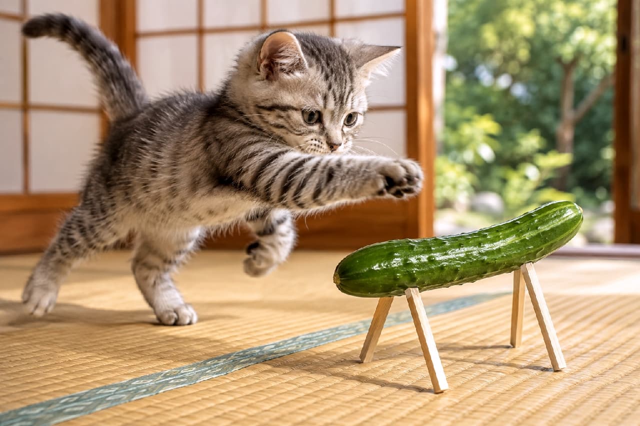 「きゅうりのお馬さん、見ーつけた!🥒🐾 元気いっぱいに飛びかかるアメショちゃん、ご先祖様もびっくりしちゃうかも⁉️ #精霊馬 #サバトラ #猫のいる生活 #お盆」Ultra-realistic high-quality photograph of a playful silver tabby kitten mid-pounce, energetically attacking a traditional cucumber spirit horse on a tatami mat in a sunlit Japanese room. 陽の光が差し込む和室の畳の上で、お盆飾りのきゅうりの精霊馬に向かって元気いっぱいに飛びかかるサバトラの子猫。宙に浮いた躍動感あふれるポーズと、シルバータビーの美しい縞模様、獲物を狙うような真剣な丸い瞳が鮮明に捉えられています