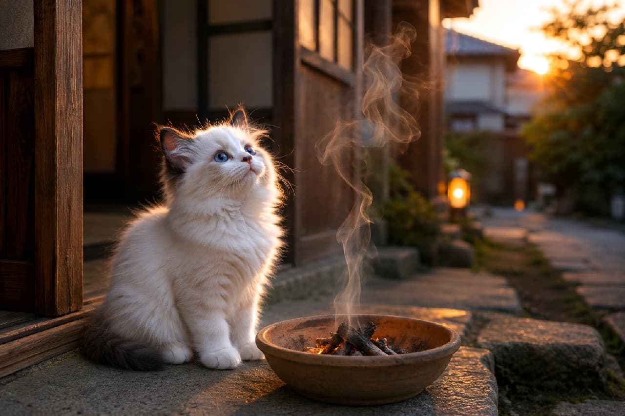 「ご先祖様、おかえりなさい🐈🌅 迎え火の煙を不思議そうに見つめる青い瞳に吸い込まれそう✨ #迎え火 #ラグドール #日本の夏」Ultra-realistic high-quality photograph of a fluffy Ragdoll kitten with piercing blue eyes, looking up at the smoke from a traditional Obon fire. The warm sunset glow gently illuminates its soft white coat against the backdrop of a nostalgic Japanese house. 夕日が差し込むノスタルジックな縁側の石畳で、素焼きの平皿で焚かれた迎え火の煙を静かに見上げる、ラグドールの子猫。夕日に照らされたふわふわの白い被毛と、神秘的なブルーの瞳が幻想的です。背景の古い日本家屋と温かな夕暮れの光が、お盆のノスタルジーを際立たせています
