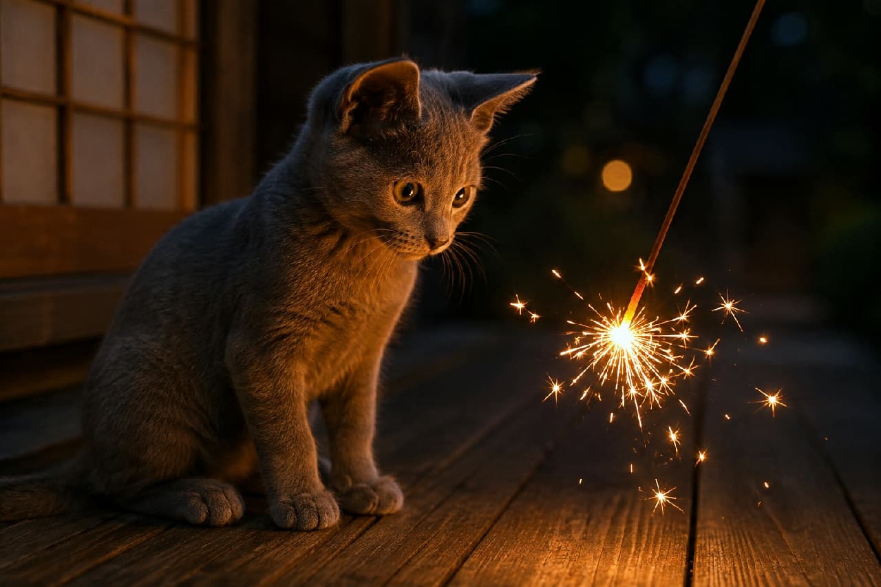 「パチパチきれいにゃ〜🎆✨ 初めての線香花火に目を輝かせるロシアンブルーちゃん。夏の夜の思い出だね🐈 #線香花火 #ロシアンブルー #夏の終わり #お盆の風景 #日本の夏 #猫のいる暮らし」Ultra-realistic high-quality photograph of a Russian Blue kitten sitting on a dark wooden porch at night, absolutely mesmerized by the delicate, glowing sparks of a traditional Japanese senko-hanabi sparkler. 暗い夜の木の縁側で、パチパチと繊細な火花を散らす線香花火を不思議そうにじっと見つめるロシアンブルーの子猫。花火のオレンジ色の温かな光が、ブルーグレーのビロードのような被毛と真ん丸な琥珀色の瞳を美しく照らし出し、夏の終わりの情緒を感じさせます