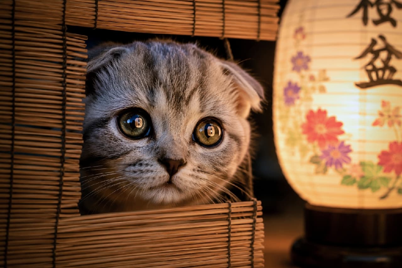 「すだれの向こうに何があるの?👀🏮 提灯の光に照らされた丸いお目目に吸い込まれそう✨ #盆提灯 #スコティッシュフォールド #夏の夜 #猫のいる生活 #お盆」Ultra-realistic high-quality photograph of a Scottish Fold kitten with big round eyes peeking through a gap in a bamboo blind, illuminated by the warm glow of a traditional Japanese Obon lantern next to it. 竹すだれの四角く空いた隙間から顔を覗かせ、隣に置かれた温かく光る盆提灯を大きな丸い瞳でじっと見つめるスコティッシュフォールドの子猫。折れ耳の愛らしい輪郭と、澄んだ瞳に美しく反射する提灯の光が、夏の夜の静寂と神秘的な雰囲気を醸し出しています