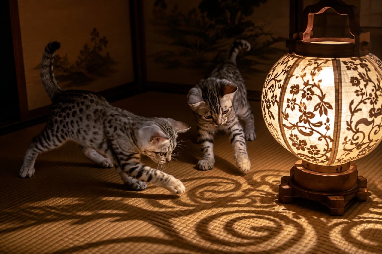 「影絵をつかまえるにゃ🐾! 盆提灯が作る不思議な模様に夢中なヒョウ柄の子猫たちがやんちゃで可愛い🏮✨ #盆提灯 #エジプシャンマウ #猫の遊び #お盆の風景 #日本の夏 #猫のいる暮らし」Ultra-realistic high-quality photograph of two playful silver spotted kittens, resembling Egyptian Maus, chasing and batting at the intricate floral shadows cast by a glowing traditional Obon lantern on a tatami mat. 薄暗い和室の畳の上で、美しい花柄の盆提灯が落とす複雑で神秘的な影(シルエット)に前足を伸ばしてじゃれ合う、2匹のエジプシャンマウ風のシルバースポッテッドタビーの子猫たち。提灯の温かい光が、彼らの美しいスポット模様と躍動感あふれる動きをドラマチックに演出