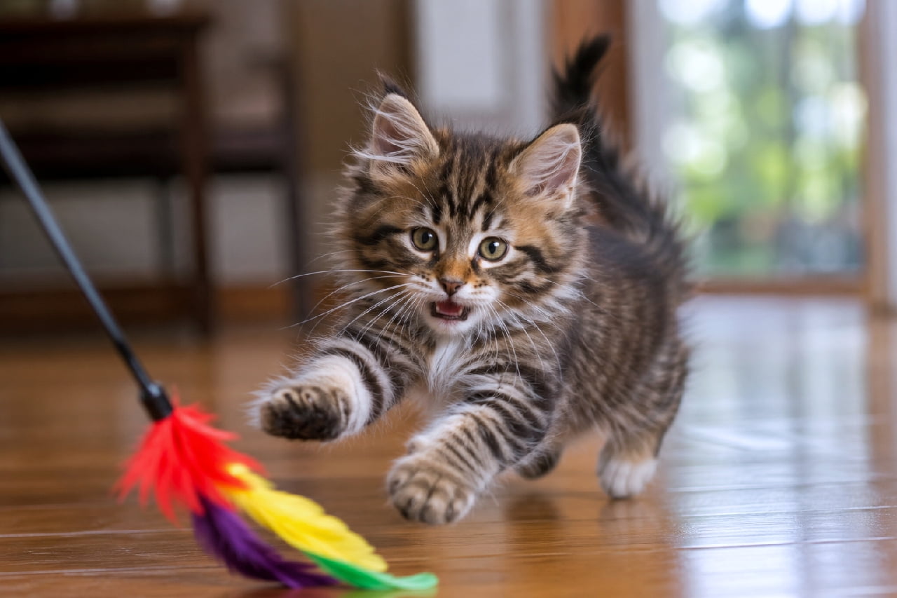 「生後6週間、ハンターの目が覚めた!🐾 カラフルおもちゃに真剣勝負!捕まえられるニャン?💖✨」An ultra-realistic high-quality photograph of a very active six-week-old Maine Coon kitten on a polished wooden floor. The fluffy tabby kitten is leaping forward with paws extended and mouth open, intensely focused on a colorful (red, yellow, purple) feather wand toy. Its fur is exceptionally voluminous. Background blurred with a window. 生後6週間のメインクーンの子猫が、木製のフローリングの上で、カラフルなフェザーおもちゃに飛びかかろうとしている。子猫は前足を伸ばし、口を開けて真剣な表情で獲物を狙っている。被毛は非常にふわふわで、タビー模様が鮮明。背景は柔らかくボケたリビングルーム
