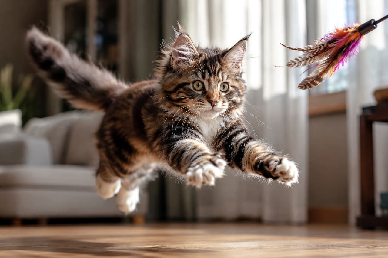 「ハンターの血が騒ぐ!生後3ヶ月、空飛ぶメインクーンちゃん現る🐈✨」Ultra-realistic high-quality photograph captures a dynamic moment: a three-month-old Maine Coon kitten with brown tabby and white fur jumping in the air in a bright living room. It's reaching with both front paws towards a colorful feather toy. The kitten's fluffy fur is airborne, and it has an intense, hunter-like expression. Natural light comes from a window; a sofa and curtains are blurred in the background. 明るいリビングで、生後3ヶ月のメインクーンの子猫が、空中でカラフルなフェザーおもちゃに飛びかかろうと両前足を伸ばしている躍動的な瞬間。子猫のブラウンタビー&ホワイトの被毛はふわふわと空気を含んでおり、ハンターのような真剣な表情をしている。窓からの自然光が差し込み、背景のソファやカーテンがボケている