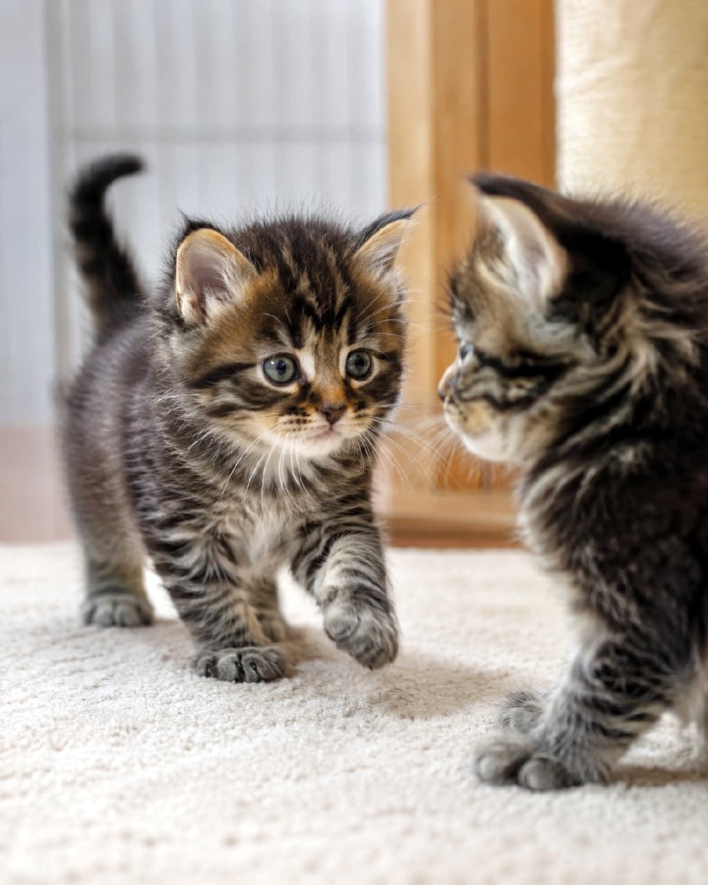 「生後3週間、大冒険が始まったニャン!🐾 きょうだい一緒にふわふわカーペットを探索。何を見つけるかな?🤔✨」An ultra-realistic high-quality photograph of two three-week-old Maine Coon kittens exploring on a plush, light-colored carpet. The foreground tabby kitten is looking directly at another sibling kitten (blurred profile), taking a tentative step with its paw raised. Their fur is noticeably fluffier, and ears are larger. The background is softly blurred indoor space. 生後3週間のメインクーンのきょうだいが、ふわふわのベージュのカーペットの上で遊んでいる。手前のタビー模様の子猫が、もう一匹の子猫を見つめながら一歩踏み出し、探索しようとしている。被毛はかなりふわふわしており、耳は少し大きくなっている。背景は柔らかくボケている