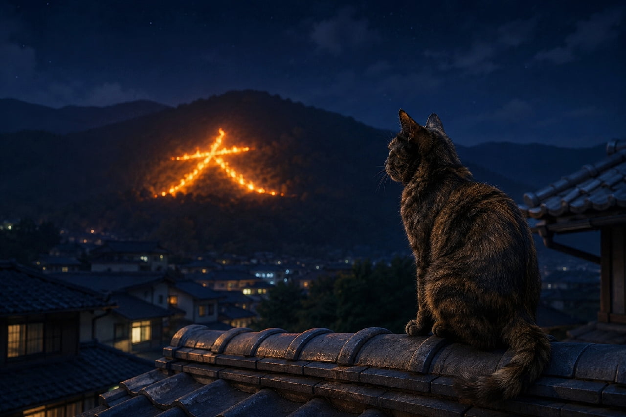「ご先祖様、また来年ね🔥🐾 屋根の上から大文字の送り火を見送る猫ちゃんの背中にキュンとする夏の夜🌃 #大文字 #サビ猫 #お盆休み #日本の夏 #猫のいる夏」Ultra-realistic high-quality photograph of a tortoiseshell cat sitting on a traditional tiled roof at night, gazing out at the glowing Daimonji bonfire (Gozan no Okuribi) on a distant mountain during Obon. 夜の静寂の中、伝統的な瓦屋根の上にちょこんと座り、遠くの山肌に赤々と燃え上がる「大文字の送り火」を後ろ姿で見つめるサビ猫。闇夜に溶け込むような複雑な黒と茶の被毛と、お盆の夜の荘厳な雰囲気が見事に調和しています