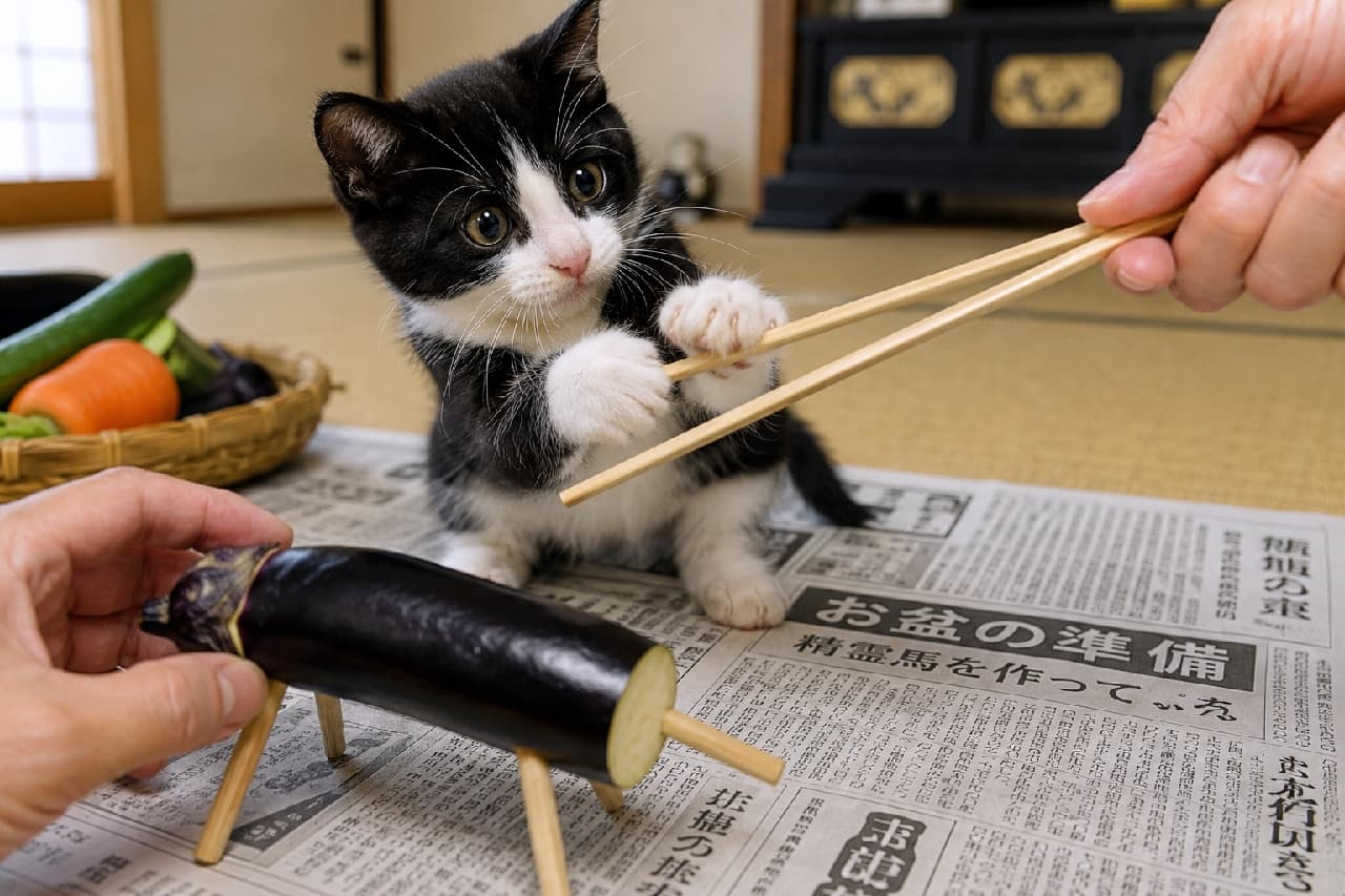 「ぼくもお手伝いするにゃ!🍆🐾 ナスの牛さん作りに乱入するハチワレちゃんが可愛すぎて作業が進まない😂 #精霊牛 #ハチワレ子猫 #お盆の準備 #猫のいる暮らし #日本の夏 #猫のいる夏」Ultra-realistic high-quality photograph of a playful black and white tuxedo kitten batting at wooden chopsticks used to make an eggplant spirit cow on newspaper during Obon preparations on a tatami mat. 「お盆の準備」と書かれた新聞紙の上で、人が作っているナスの精霊牛の足となる割り箸に、前足を出して一生懸命じゃれつくハチワレ(白黒)の子猫。真ん丸な瞳と小さな爪、和室の背景が、賑やかで温かいお盆の家族の風景を切り取っています