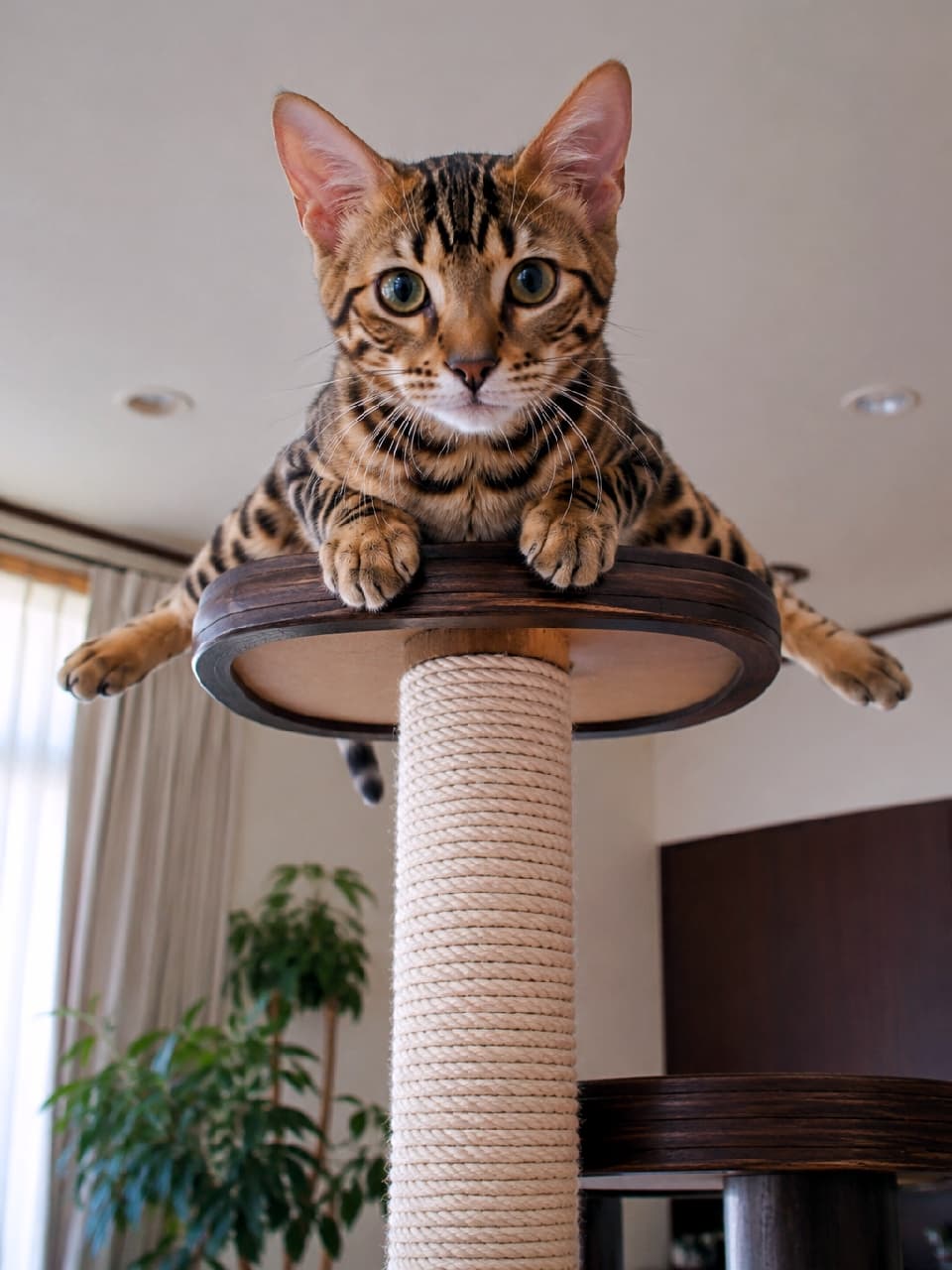 「タワーの頂上から下界を見下ろすベンガル様🐆👑 後ろ足がはみ出しちゃってる「はみ出しスプルート」がたまらなく可愛いです💕 #ベンガル猫 #キャットタワー #猫のいる暮らし」Ultra-realistic high-quality photograph of a Bengal cat with striking rosette markings, splooting on the top circular platform of a cat tree. Its hind legs dangle over the edges, and it gazes directly down at the camera with a confident, majestic expression in a bright indoor setting. 室内にあるキャットタワーの最上段の丸いステップで、見事なスプルートを披露するベンガル猫。特徴的な美しいロゼット(ヒョウ柄)模様の被毛を纏い、後ろ足を空中にだらんと垂らしながら、少し得意げな表情で下から見上げるカメラを真っ直ぐに見据えています