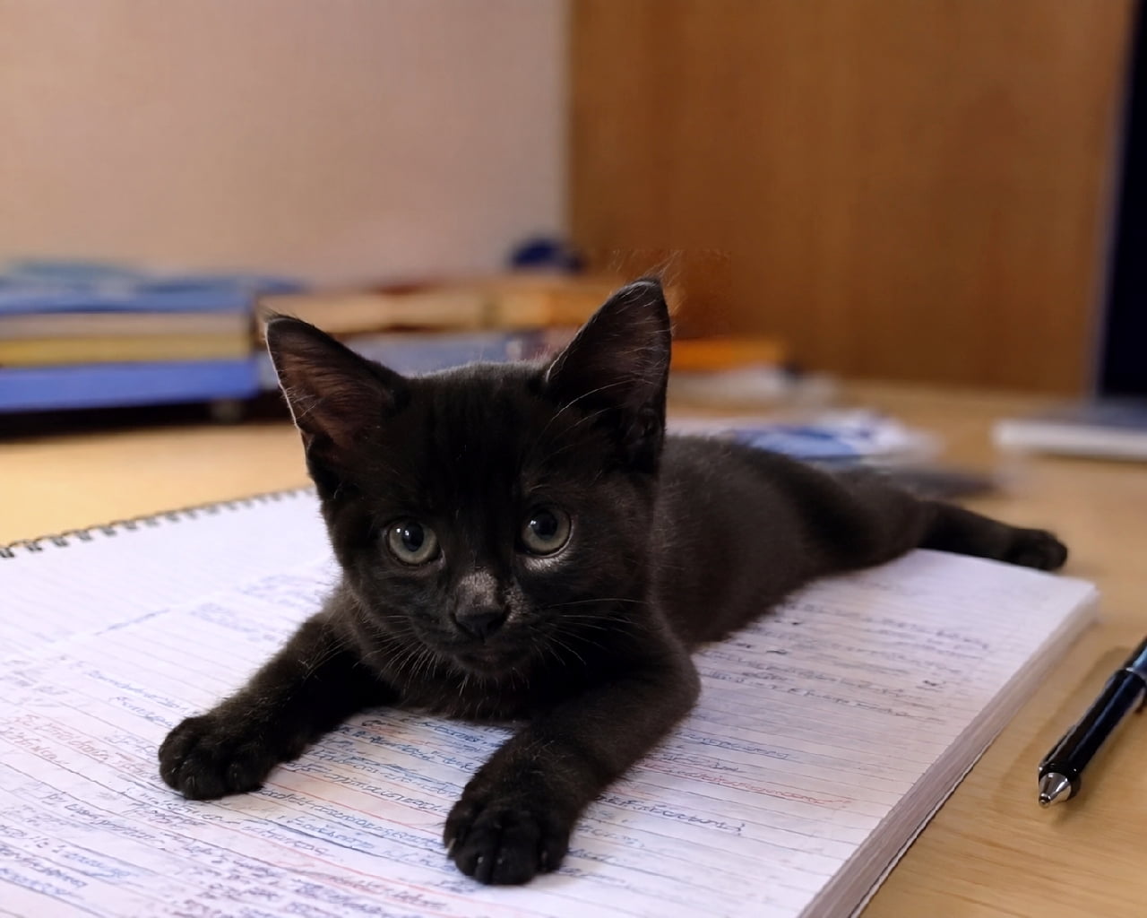 「「今日の作業はここまで!」🖋️✨ ノートの上でスプルートしながら、しっかり監視してくる黒猫の現場監督さん🐈⬛🖤 視線が外せません! #黒猫のいる生活 #猫圧 #かまってちゃん」Ultra-realistic high-quality photograph of a black kitten splooting on a handwritten notebook, facing forward with a confident expression, sharp ears, and striking olive-green eyes, captured from a low angle on a wooden desk. デスク上の文字がびっしり書かれたノートに腹ばいになり、前足を伸ばしてスプルートする黒猫の子猫。正面を見据える少し得意げな表情と、ピンと立った耳、暗闇に浮かぶようなオリーブグリーンの瞳が鮮明に描写されています