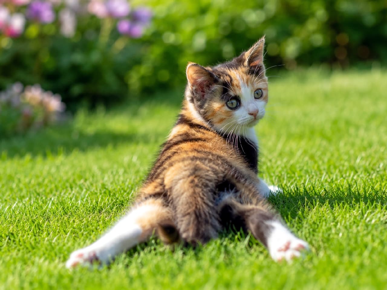 「ぽかぽか陽気でお腹もペタン🐾 芝生の上で完璧なスプルート&見返りポーズを披露してくれた三毛猫ちゃん🌸 ピンクの肉球がたまらない!💖 #三毛猫 #スプルート #猫好きさんと繋がりたい」Ultra-realistic high-quality photograph of a calico kitten splooting on vibrant green grass, looking back over its shoulder. The bright sunlight, visible pink toe beans, and blurred pink flowers in the background create a refreshing spring atmosphere. 太陽の光を浴びて輝く鮮やかな緑の芝生の上で、後ろ足をピーンと伸ばしてスプルートする三毛猫の子猫。見返り美人なポーズでこちらを見つめており、足裏のピンクの肉球が覗いています。背景にはピンク色の花が美しくボケており、春や初夏の爽やかな季節感に満ちています
