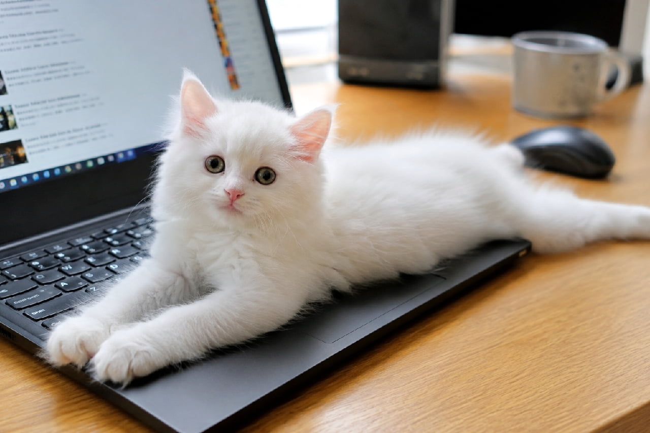 「「お仕事、もうおしまい!」💻🐾 テレワーク中の最強の妨害工作員が現れました☁️ こんな顔で見つめられたら許すしかない🥺 #テレワーク猫 #白猫 #猫好きさんと繋がりたい」Ultra-realistic high-quality photograph of a fluffy white kitten splooting directly on a laptop keyboard on a wooden desk, looking at the camera with big round eyes, perfectly capturing a realistic telework interruption moment. 木製デスクに置かれたノートPCのキーボード上に陣取り、ペタンとスプルートしてこちらを見つめる長毛種の白猫の子猫。真っ白でふわふわの被毛と、まん丸なダークカラーの目が愛嬌たっぷり。背景にはマグカップやマウスがあり、テレワーク中の日常風景がリアルに描かれています