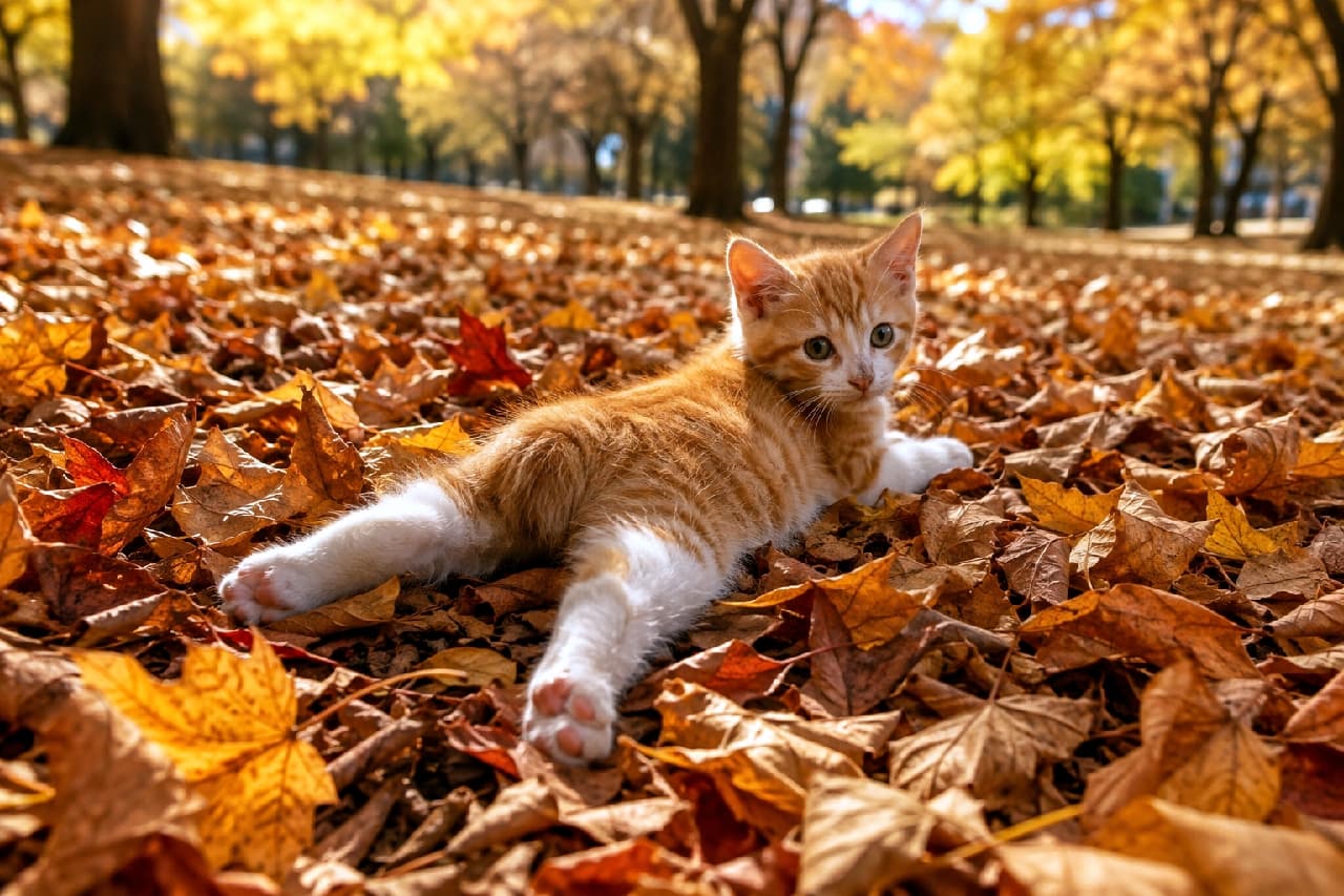 「ふかふかの落ち葉の絨毯で、秋を満喫中の茶白ちゃん🍁🍂 振り返るお顔とピンと伸びた後ろ足にキュンとします💖 #秋と猫 #茶白猫#子猫」Ultra-realistic high-quality photograph of an orange and white kitten splooting on a bed of dry autumn leaves, looking back over its shoulder. The soft, golden autumn sunlight beautifully highlights the kitten's silhouette and amber eyes, with a stunning bokeh of vibrant fall trees in the background. 黄金色に輝く秋の公園で、カエデなどの枯れ葉が敷き詰められた絨毯の上でスプルートし、振り返ってこちらを見つめる茶白の子猫。柔らかな秋の逆光が子猫の輪郭と琥珀色の瞳を美しく縁取り、背景の紅葉した木々がふんわりとボケて、季節感あふれる温かい情景を描き出しています