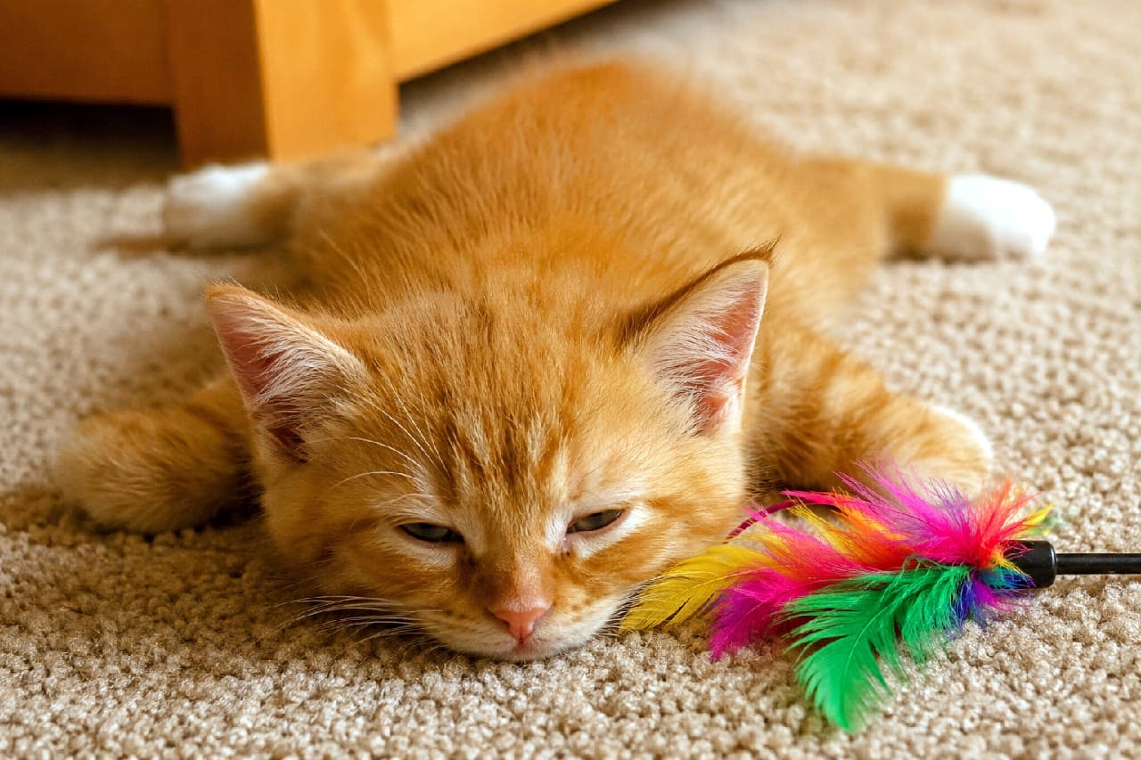 「遊び疲れて電池切れ🔌💤 見事な「スプルート」で夢の中へ…🧡 足先の白いくつ下がたまらない!🐾 #猫のいる暮らし #茶トラ子猫」Ultra-realistic high-quality photograph of an orange tabby kitten sleeping in a sploot position on a soft beige carpet, featuring white paws and a colorful feather toy in the foreground under warm indoor lighting. ふかふかのベージュのカーペットの上で、両足を後ろに伸ばしたスプルートのポーズでうとうと眠る茶トラの子猫。足先の白い靴下模様が愛らしく、手前には鮮やかな羽のおもちゃが置かれています。暖かみのある室内の光が、柔らかな被毛の質感を際立たせています