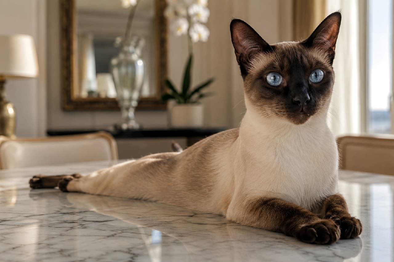 「気品あふれるシャム猫様の、ちょっと気を抜いたスプルート姿にギャップ萌え💎✨ 吸い込まれそうなブルーの瞳に夢中!💙 #シャム猫 #猫好きさんと繋がりたい」Ultra-realistic high-quality photograph of a Siamese cat with striking blue eyes resting in a sploot position on a marble table. The elegant background features an orchid and a mirror, illuminated by bright natural window light. 高級感あふれる大理石のテーブルの上で、スプルートのポーズでくつろぐシャム猫。特徴的なシールポイントの被毛と、宝石のように澄んだ青い目が印象的です。背景には胡蝶蘭やアンティーク調の鏡が配置され、窓から差し込む自然光がエレガントな雰囲気を醸し出しています
