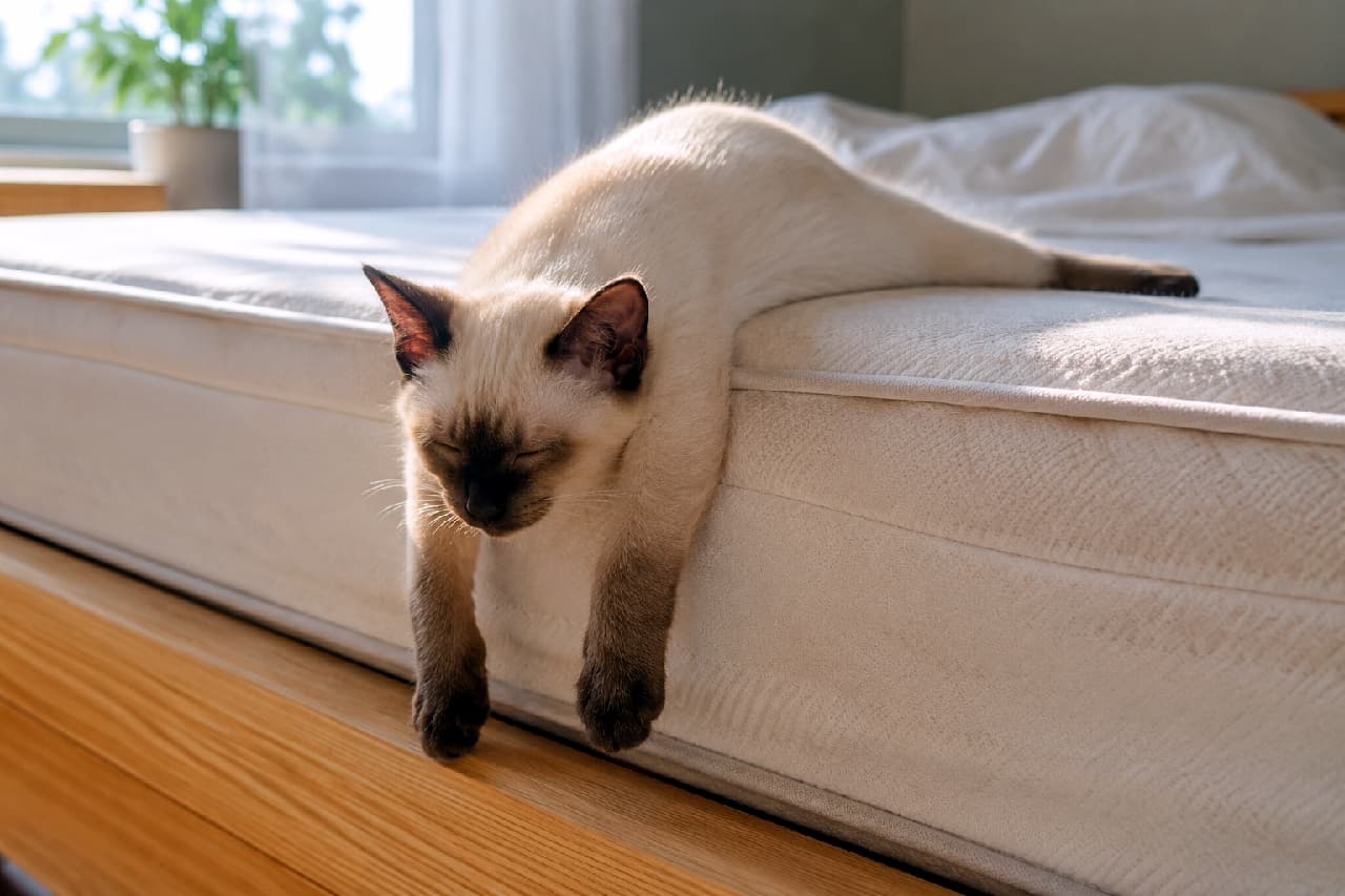 「ベッドの端っこで、完全に液状化してお昼寝中のシャム猫様🫠💤 前足だらーんのスプルートと、日差しに透ける毛並みが尊すぎます☀️ #シャム猫 #猫の寝相 #猫のいる暮らし」Ultra-realistic high-quality photograph of a Siamese cat sleeping soundly in a sploot position on the edge of a white mattress, with its front legs dangling down. Bathed in soft morning sunlight from a nearby window, the cat's seal point markings and completely relaxed posture evoke a deep sense of peace. 窓から差し込む朝の柔らかな日差しを浴びて、白いマットレスの端でスプルート状態で眠るシャム猫(シールポイント)。前足をマットレスの側面からダラリと垂らし、美しいグラデーションの被毛が光に透けています。完全に脱力した無防備な寝顔が穏やかな時間を感じさせます