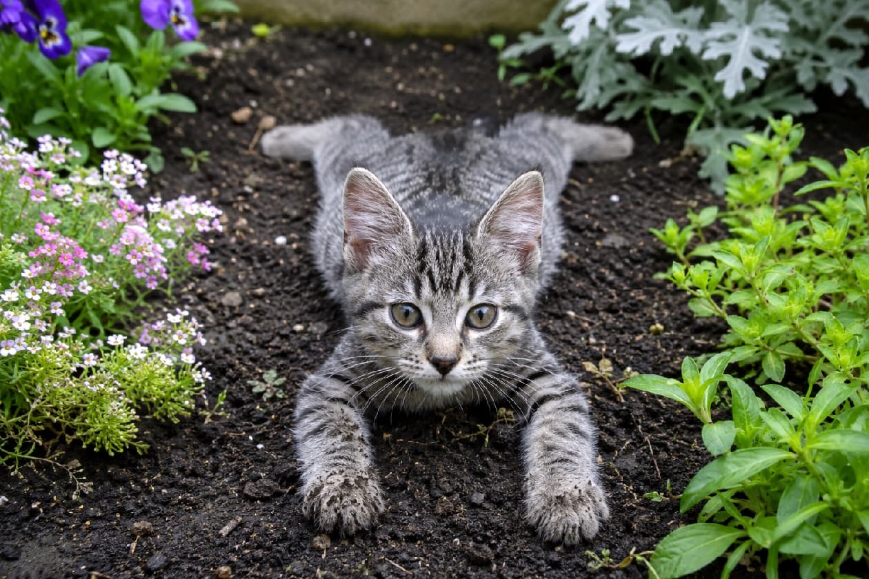 「お庭仕事のお手伝い…じゃなくて休憩中🐾🌷 ひんやりした土の上でスプルートするサバトラちゃん。泥んこのお手てが愛おしい🥺💚 #ガーデニング #サバトラ #猫との暮らし」Ultra-realistic high-quality photograph of a silver tabby kitten splooting directly on the dark soil of a flowerbed, surrounded by pink and purple flowers and green foliage. Its paws are slightly muddy, and it looks directly at the camera with large, curious olive-green eyes. アリッサムやパンジーなどのカラフルな花や緑の植物に囲まれた花壇の土の上で、四肢を伸ばしてスプルートするシルバータビー(サバトラ)の子猫。両前足には少し泥がつき、ピンと立った大きな耳と、好奇心旺盛なオリーブグリーンの瞳でカメラを真っ直ぐ見つめています
